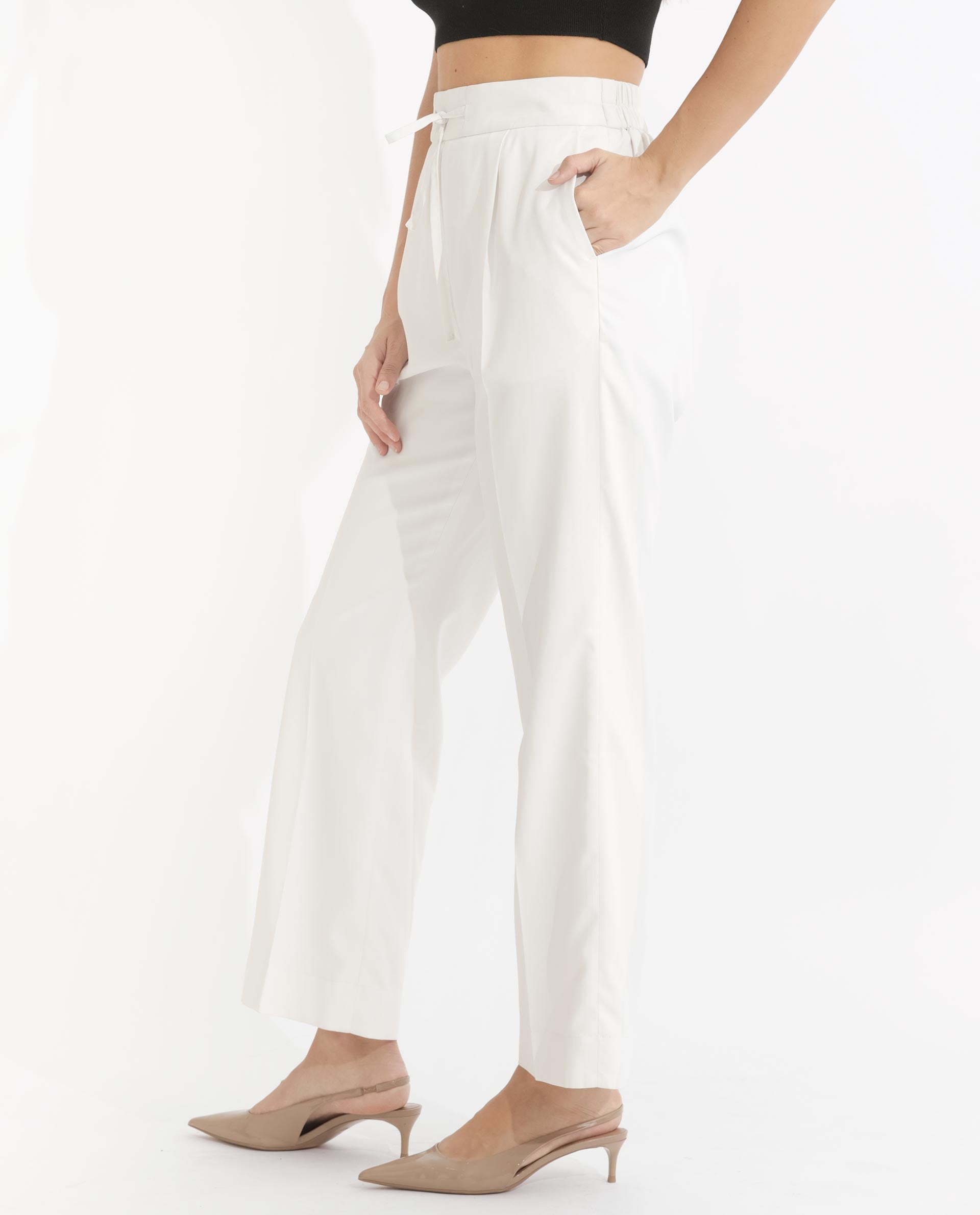 Rareism Women Miza Off White Tailored Fit High Rise Solid Ankle Length Trousers