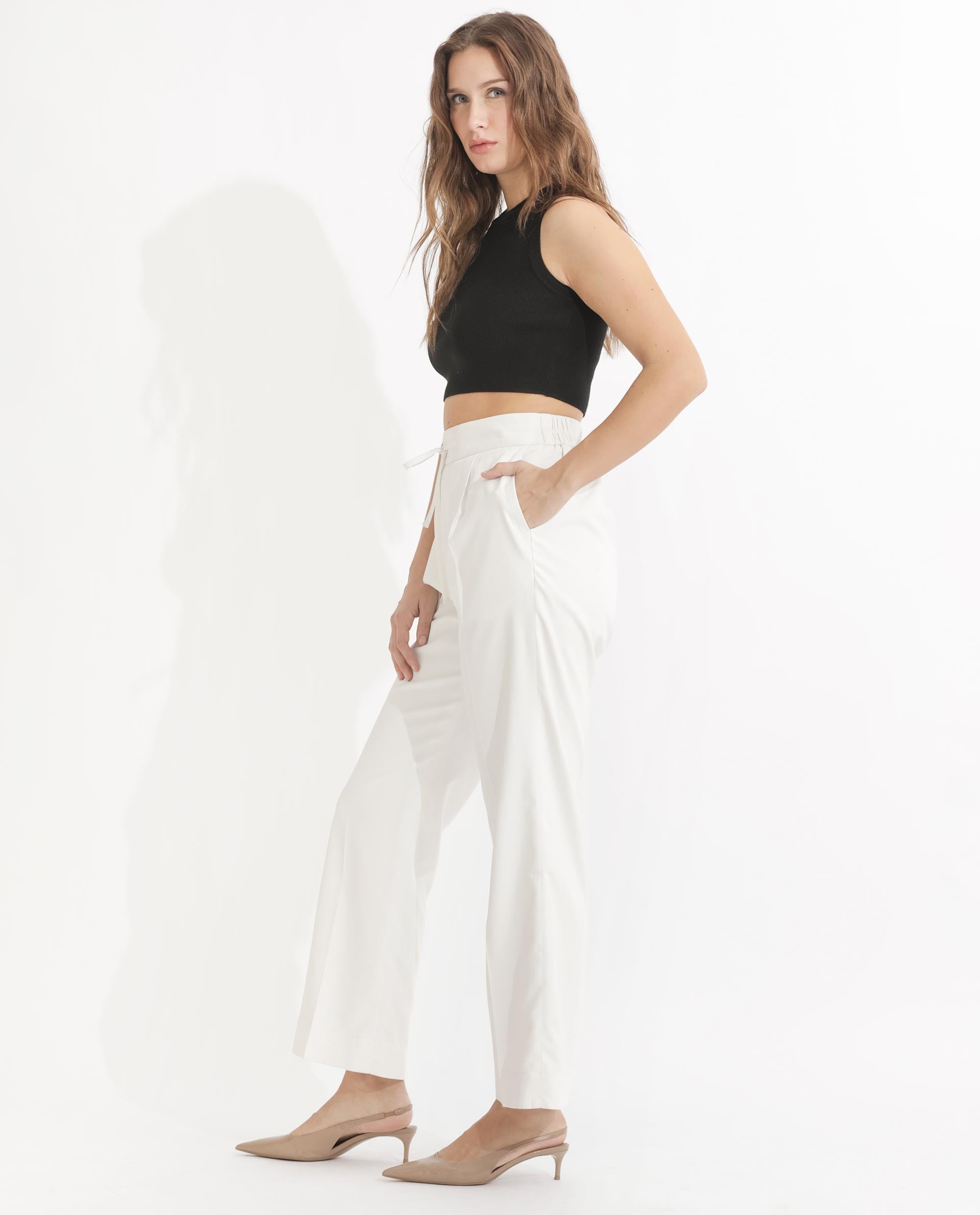 Rareism Women Miza Off White Tailored Fit High Rise Solid Ankle Length Trousers