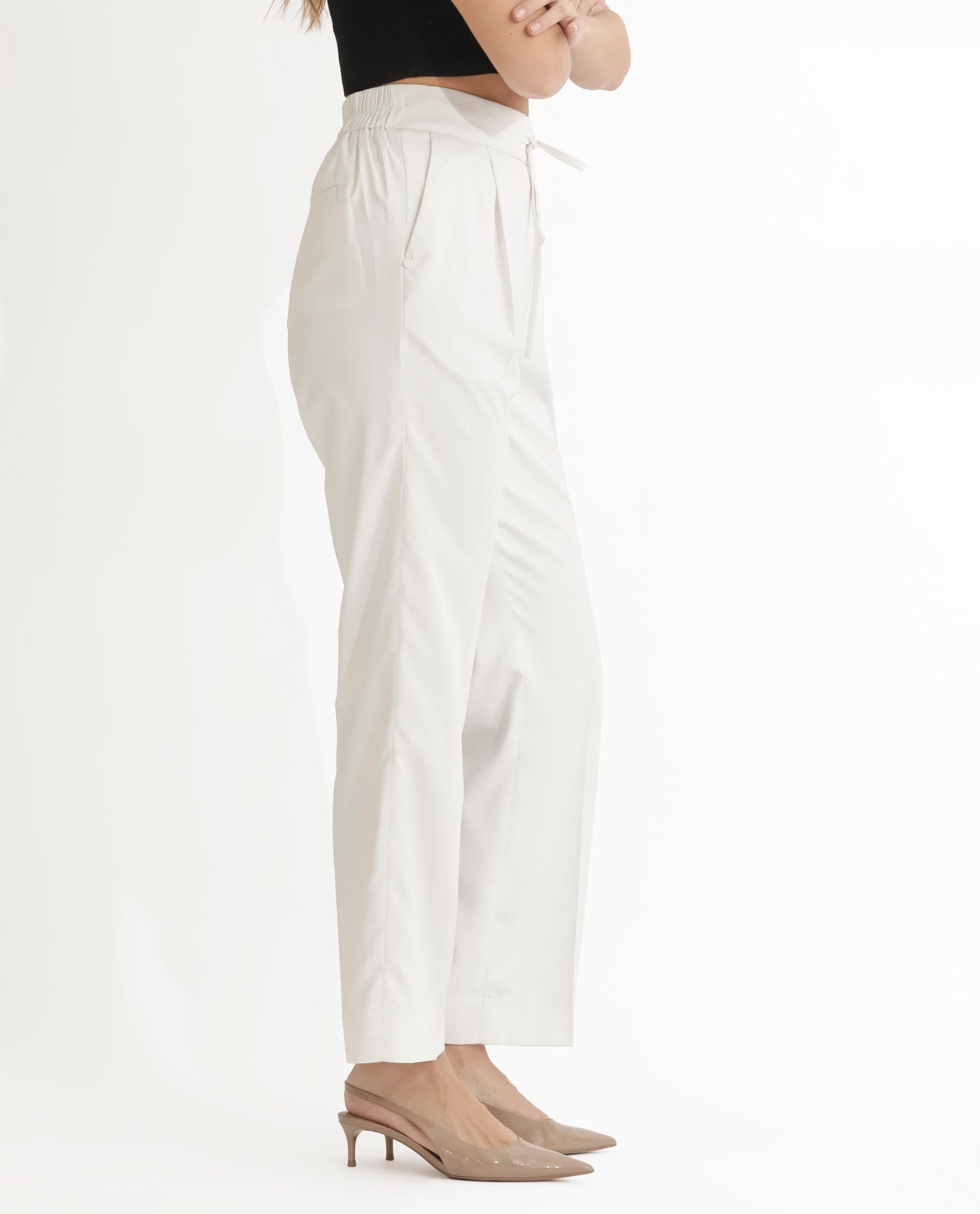 Rareism Women Miza Off White Tailored Fit High Rise Solid Ankle Length Trousers