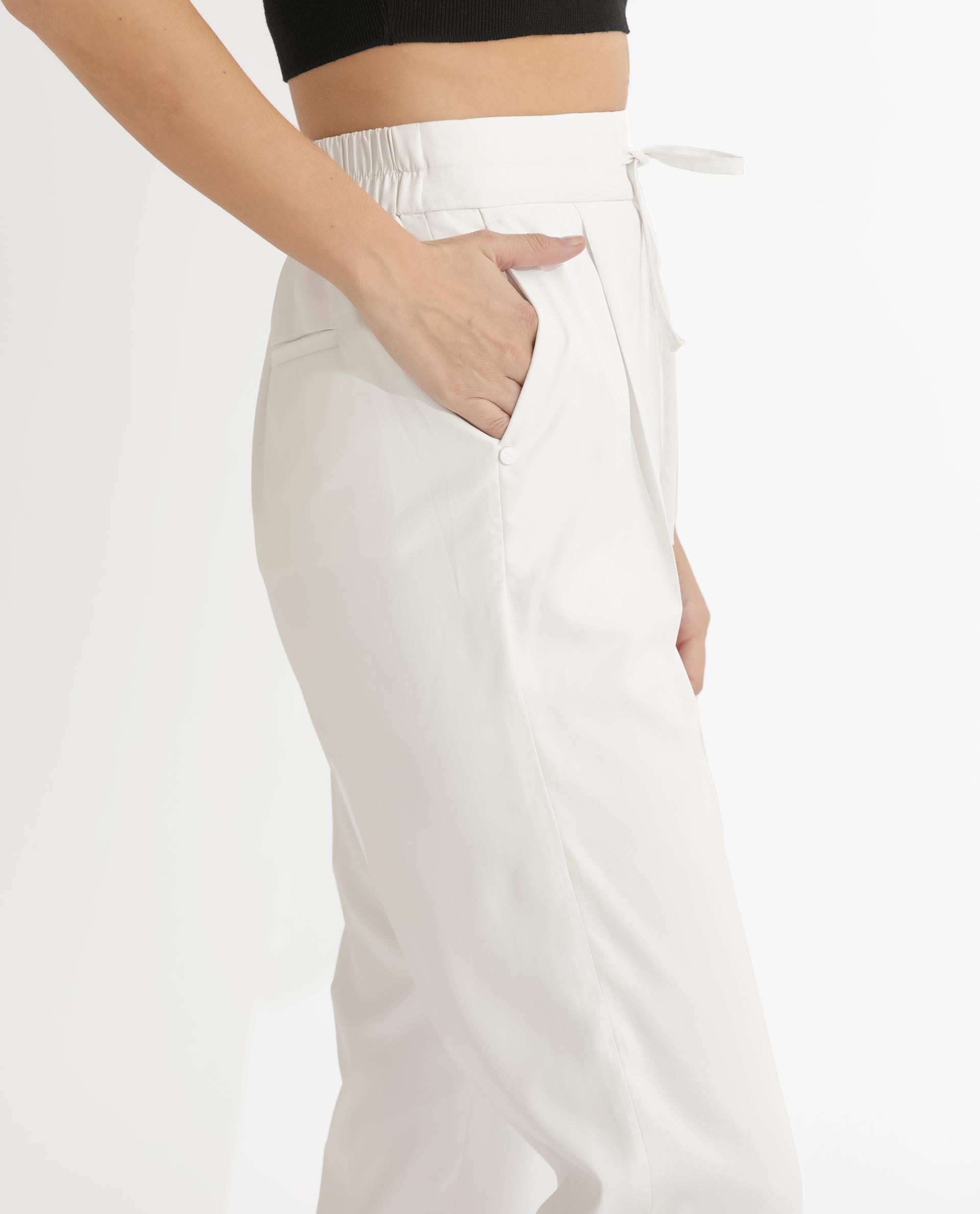 Rareism Women Miza Off White Tailored Fit High Rise Solid Ankle Length Trousers