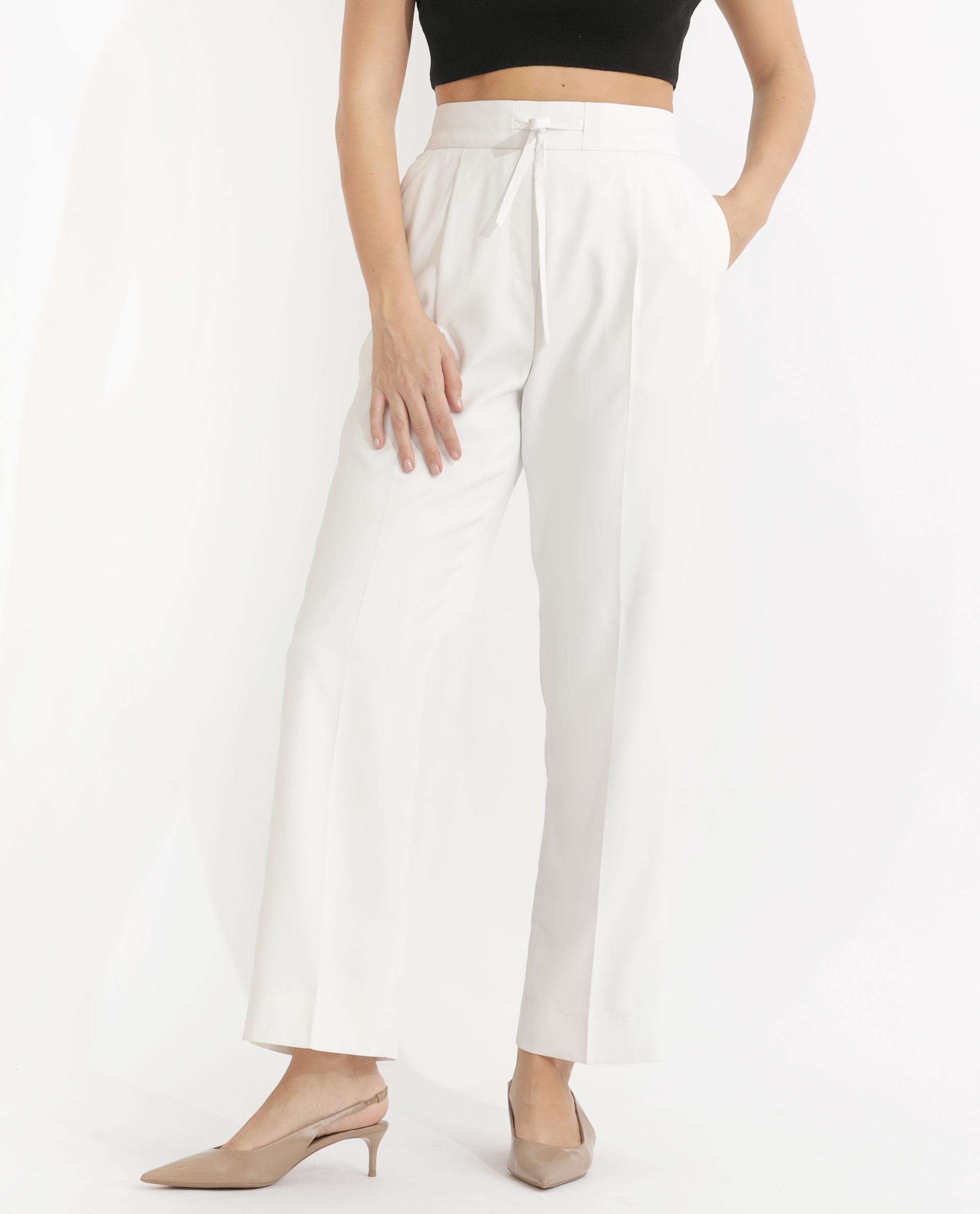 Rareism Women Miza Off White Tailored Fit High Rise Solid Ankle Length Trousers