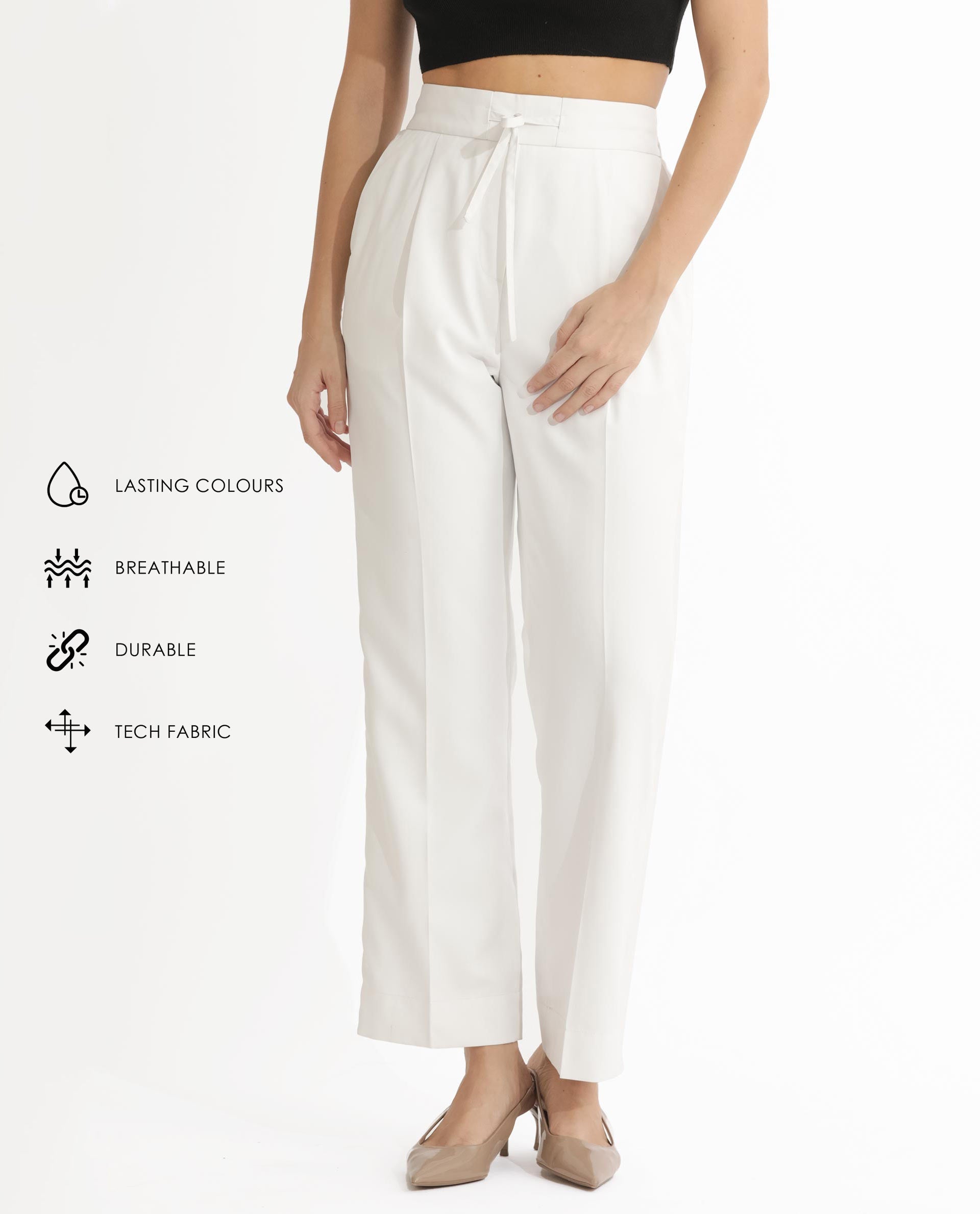 Rareism Women Miza Off White Tailored Fit High Rise Solid Ankle Length Trousers