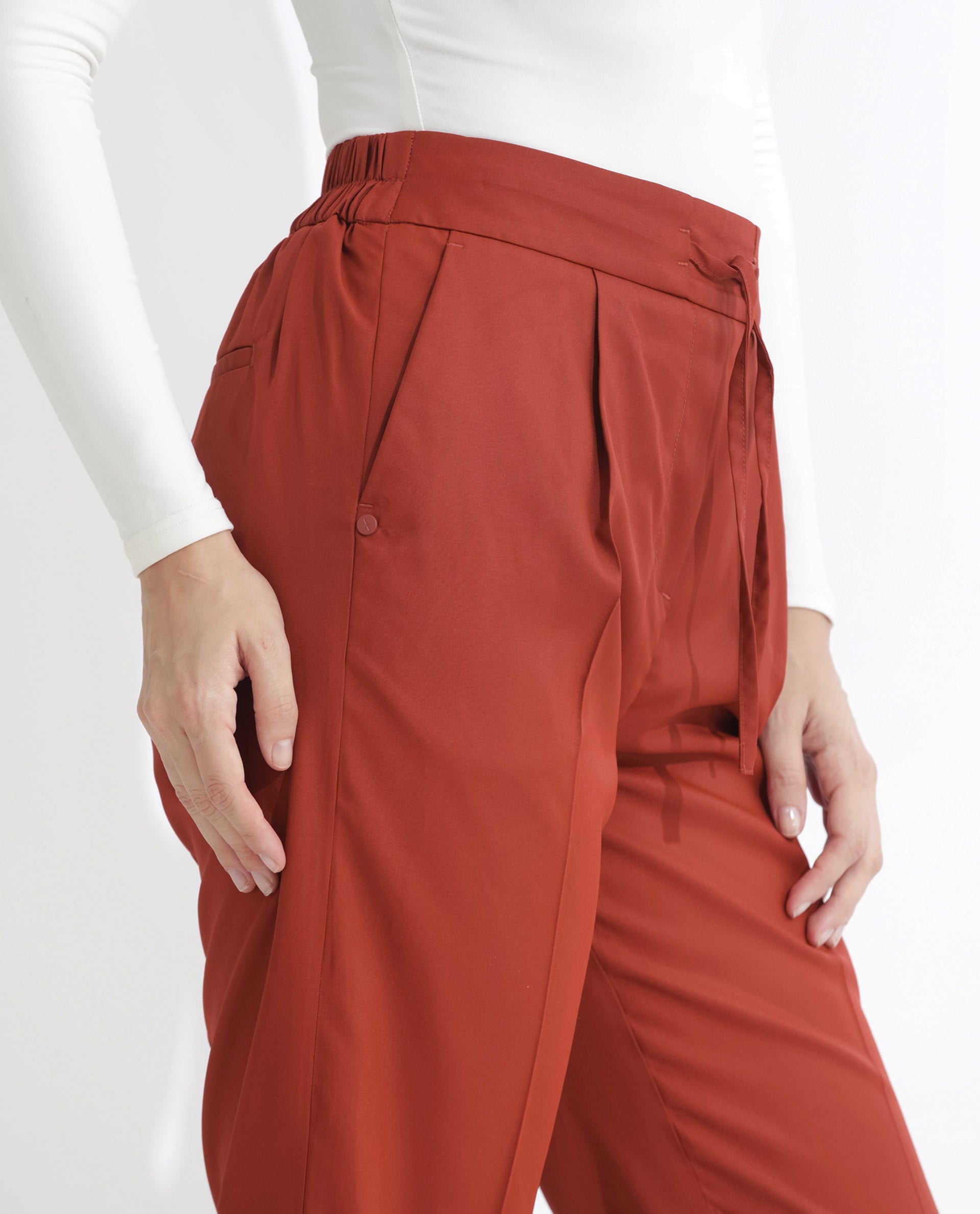 Rareism Women's Miza Orange Cotton Plain Ankle Length Straight Fit Trouser