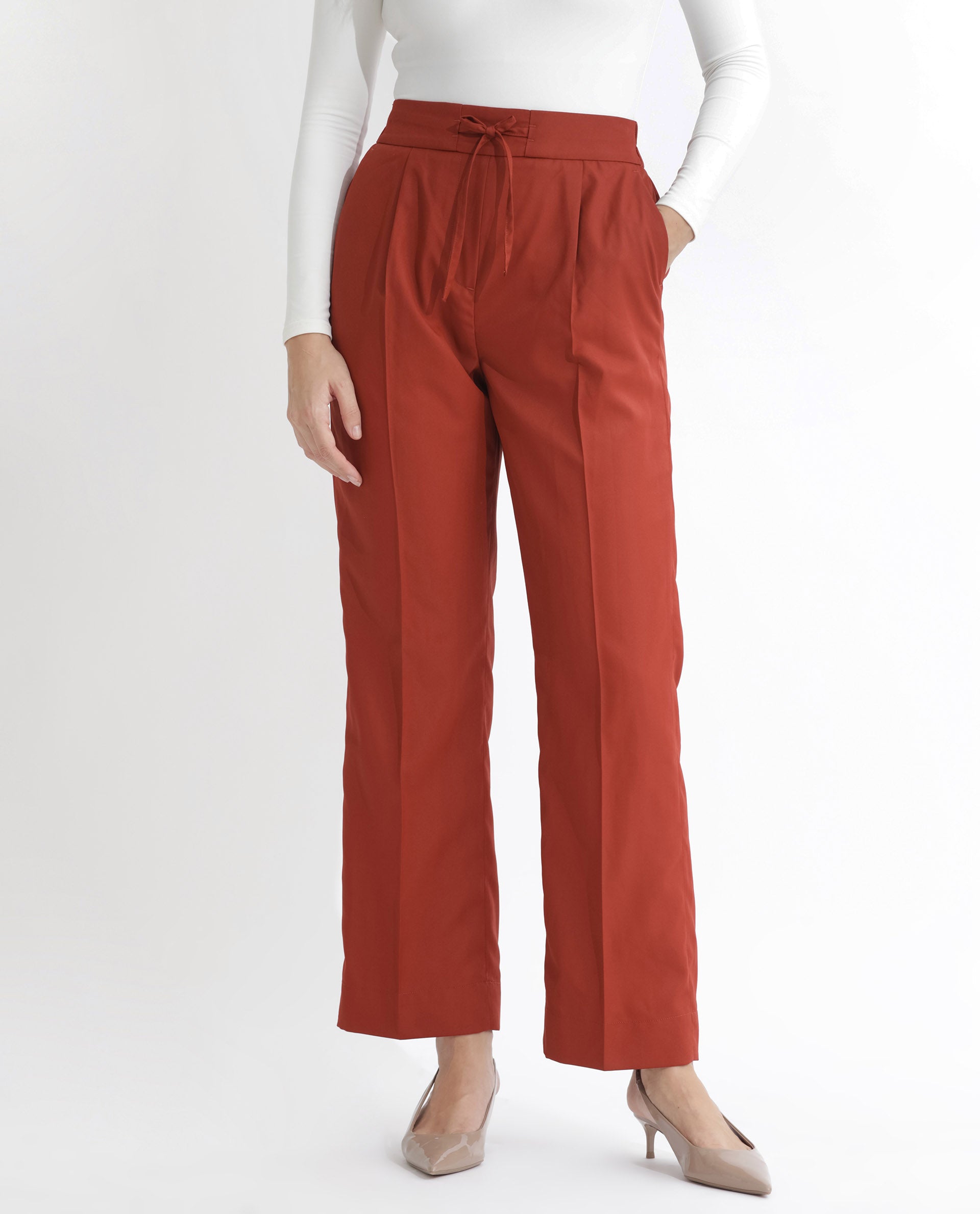 Rareism Women's Miza Orange Cotton Plain Ankle Length Straight Fit Trouser