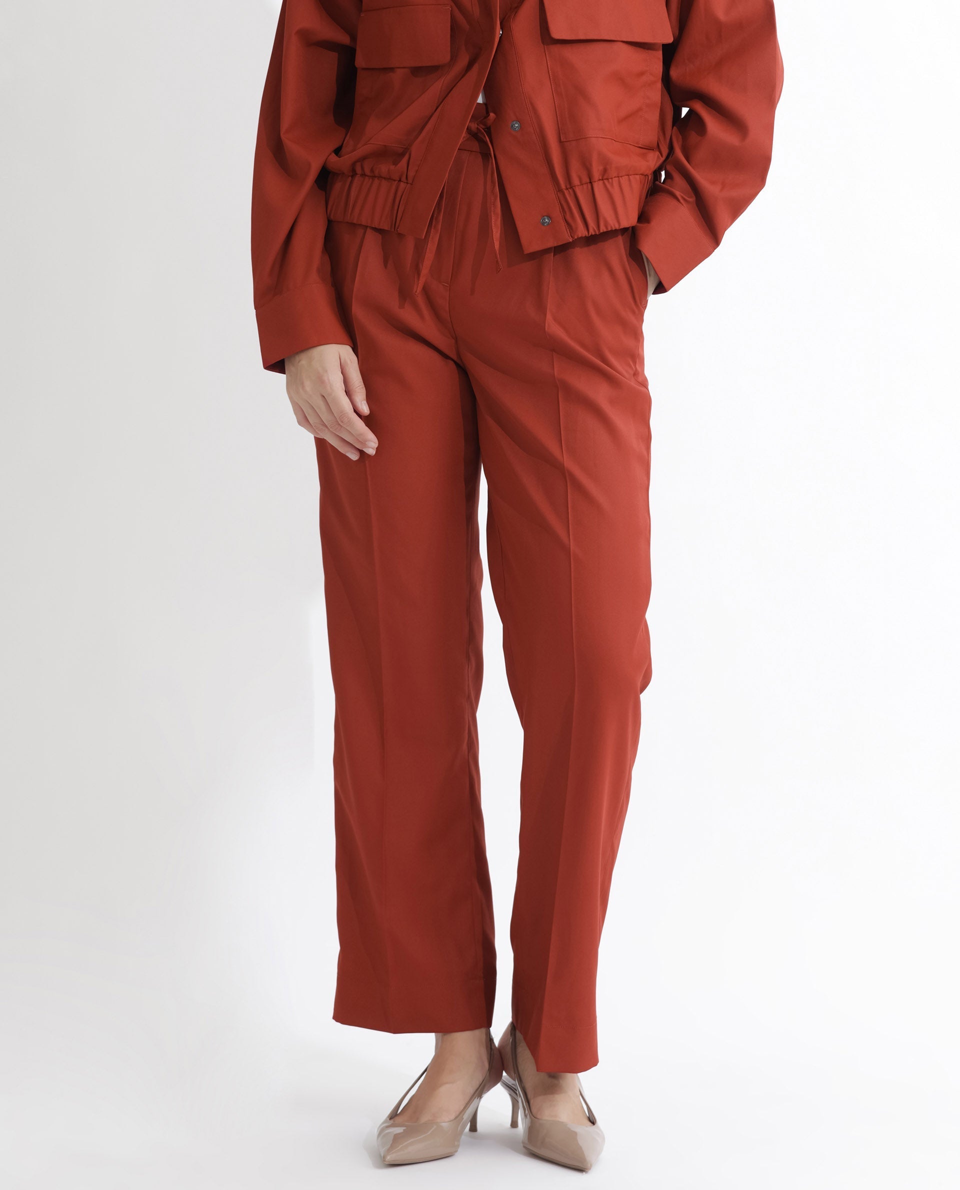 Rareism Women's Miza Orange Cotton Plain Ankle Length Straight Fit Trouser
