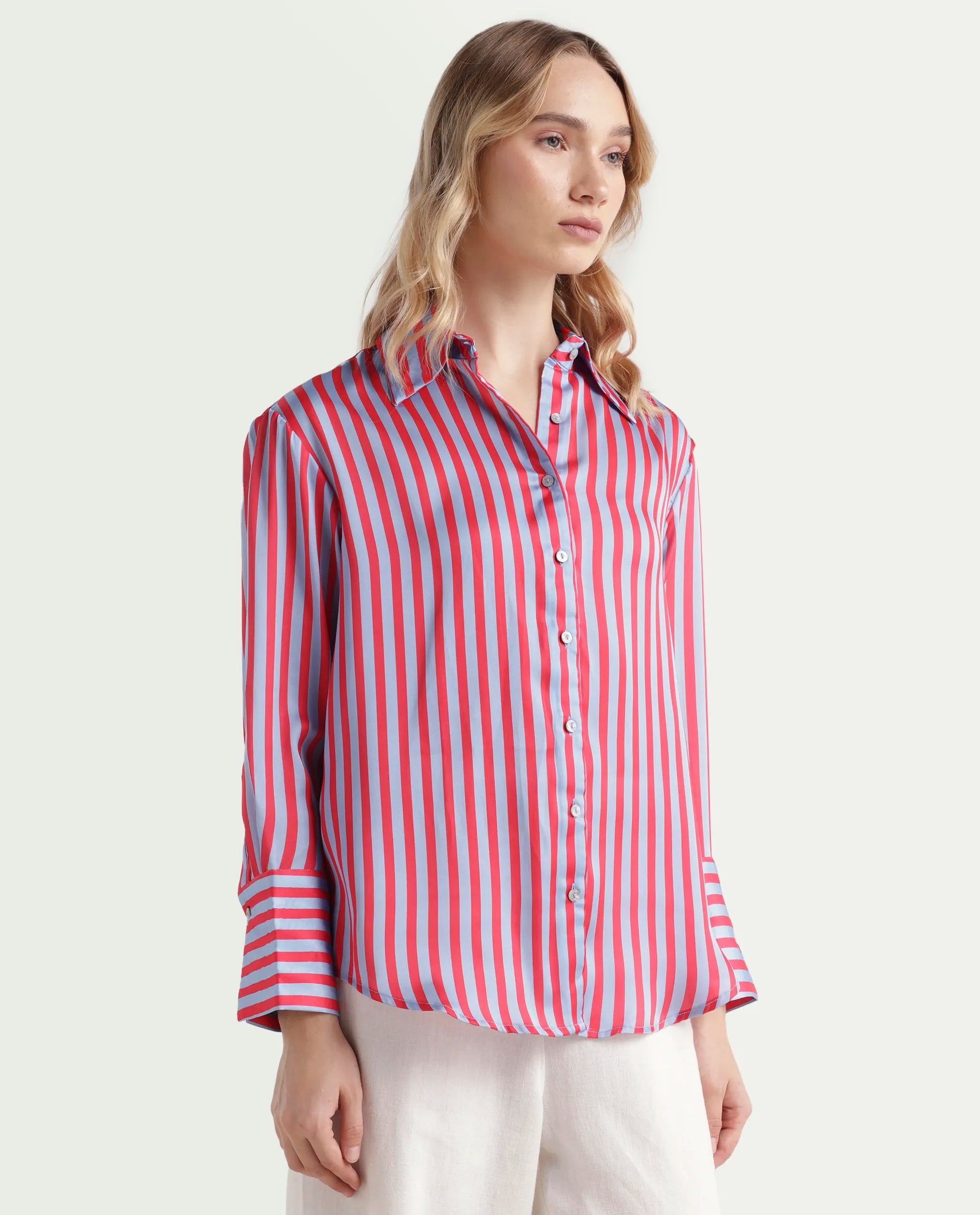 Rareism Women's Mochin Blue Polyester Drop Collar Striped Cuffed Sleeve Regular Fit Shirt