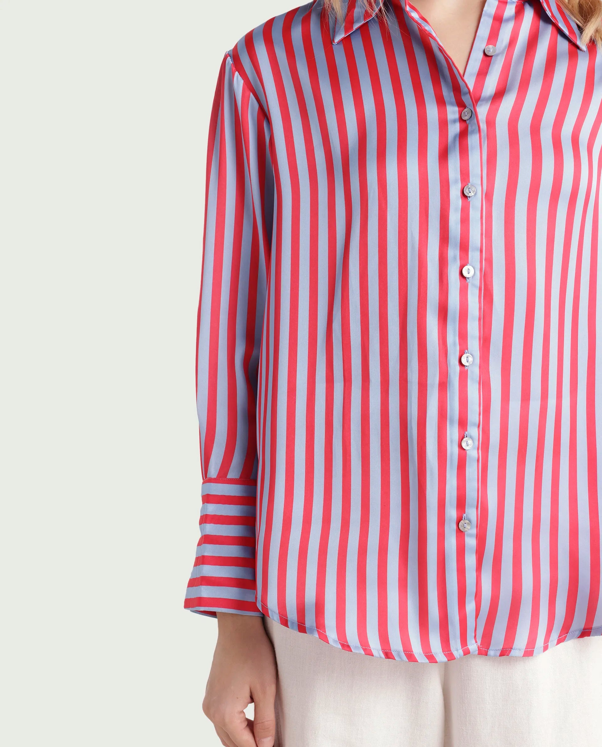 Rareism Women's Mochin Blue Polyester Drop Collar Striped Cuffed Sleeve Regular Fit Shirt