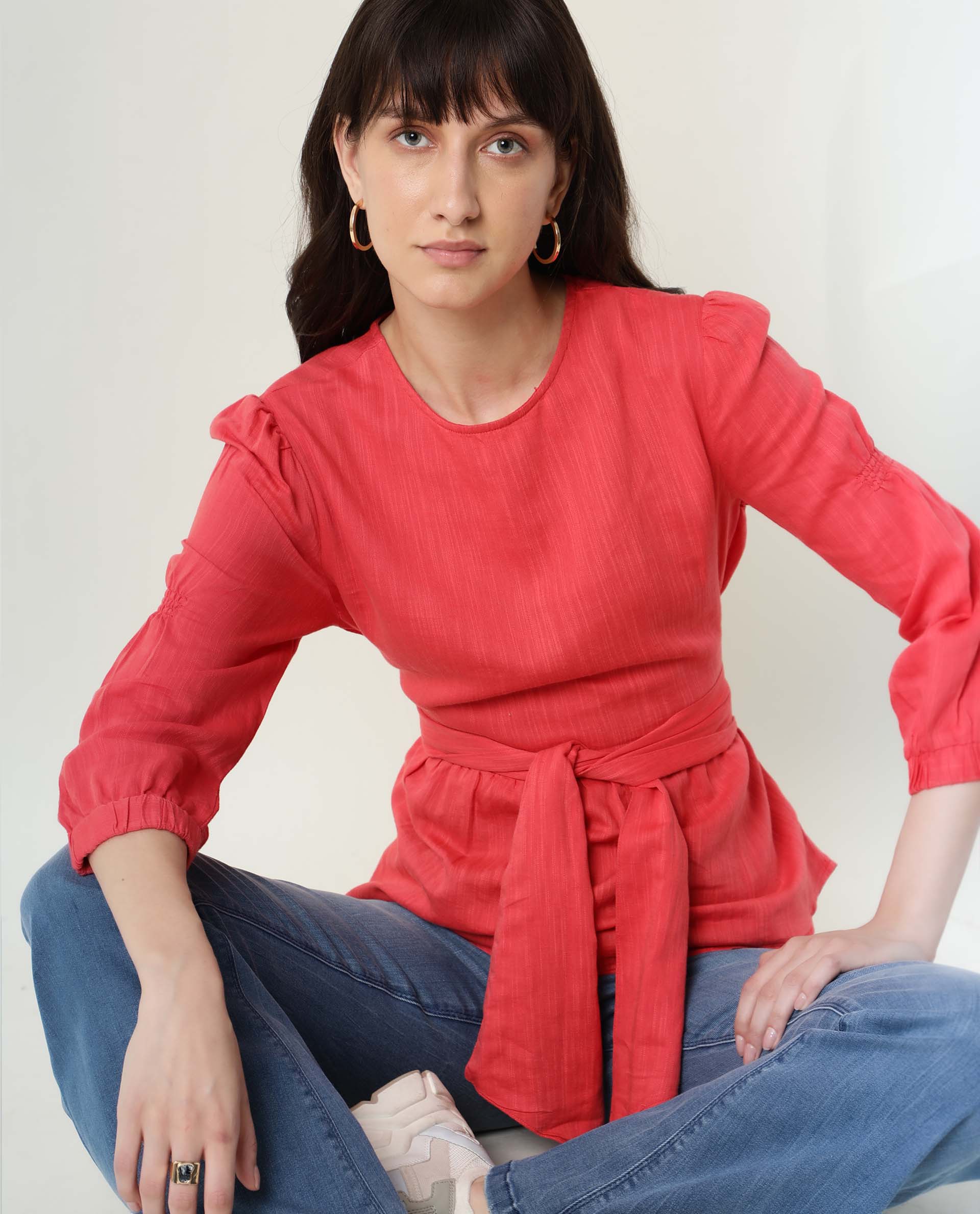 Rareism Womens Mocky Red Top Full Sleeve Elasticated Cuff Crew Neck