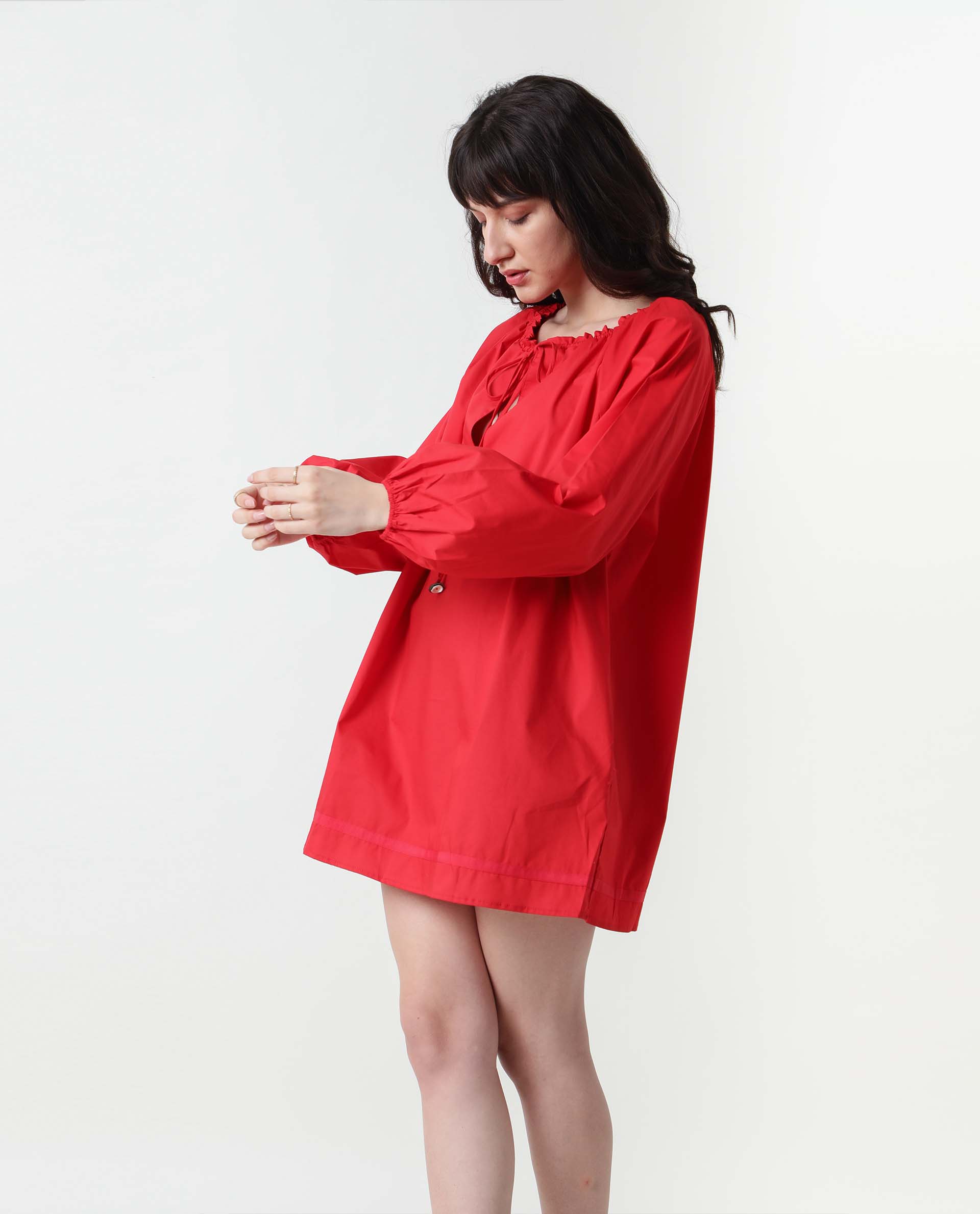 Rareism Womens Sapie Red Dress Cotton Fabric Boxy Fit Round Neck