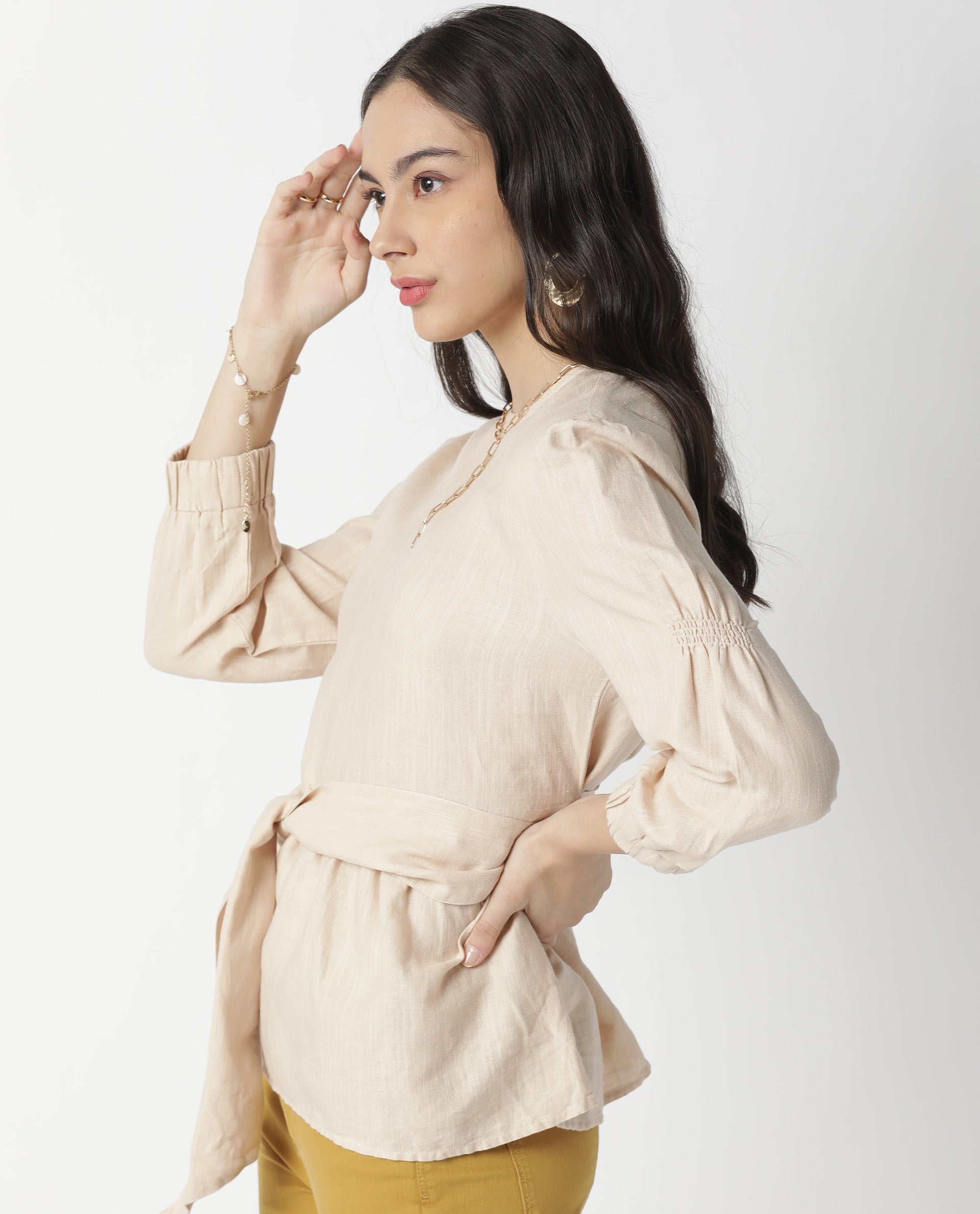Rareism Womens Mocky Beige Top Full Sleeve Elasticated Cuff Crew Neck