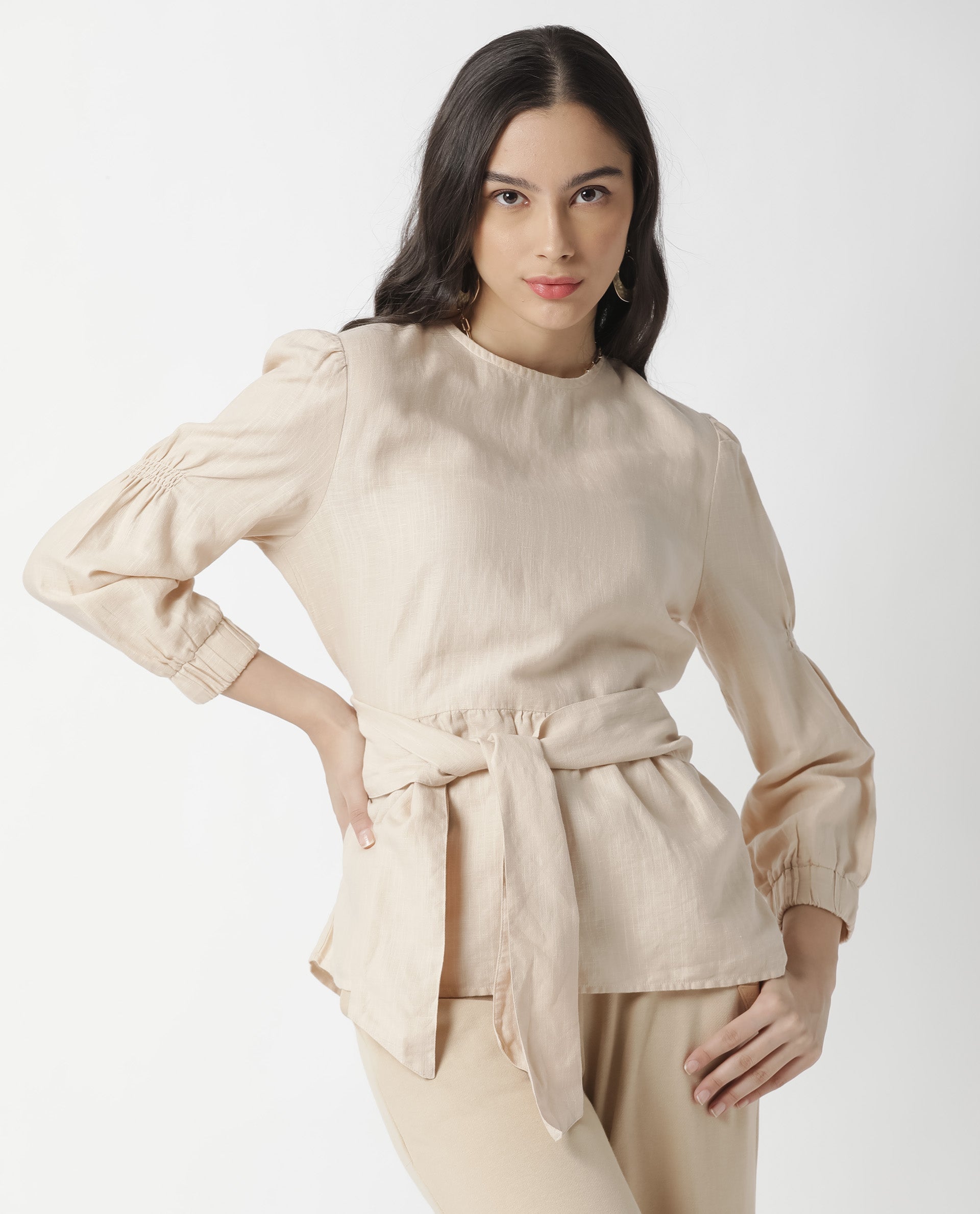 Rareism Womens Mocky Beige Top Full Sleeve Elasticated Cuff Crew Neck