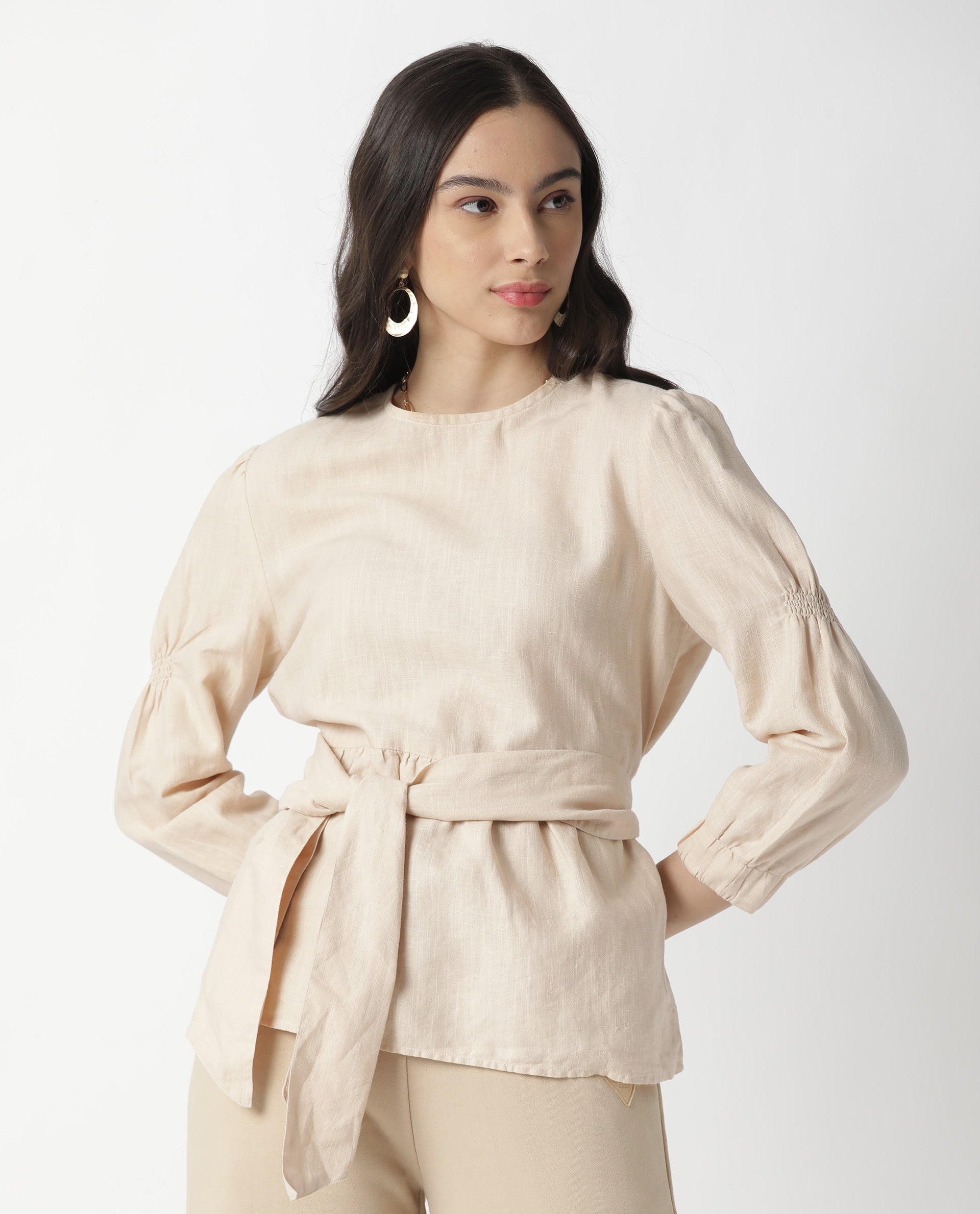 Rareism Womens Mocky Beige Top Full Sleeve Elasticated Cuff Crew Neck