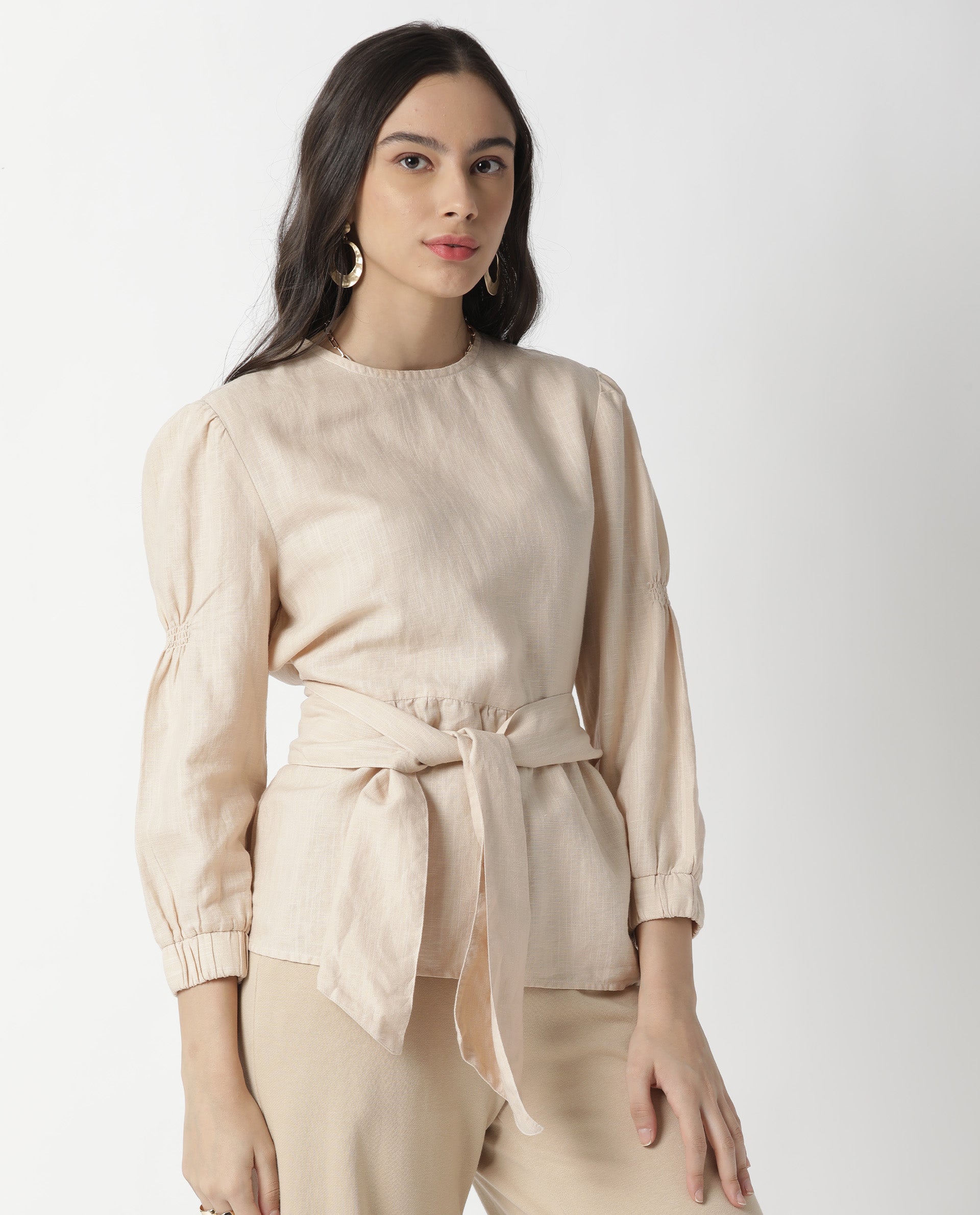 Rareism Womens Mocky Beige Top Full Sleeve Elasticated Cuff Crew Neck
