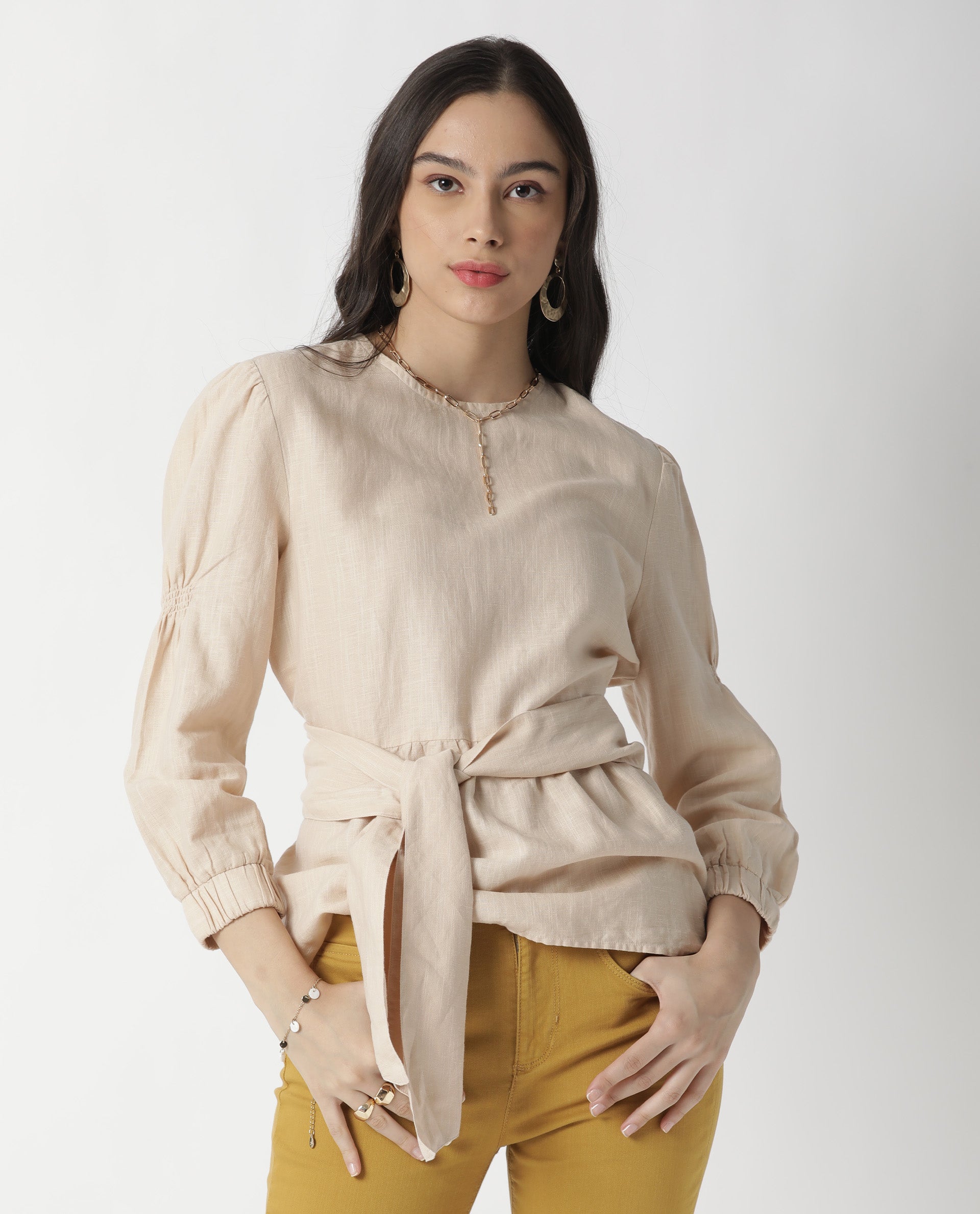 Rareism Womens Mocky Beige Top Full Sleeve Elasticated Cuff Crew Neck