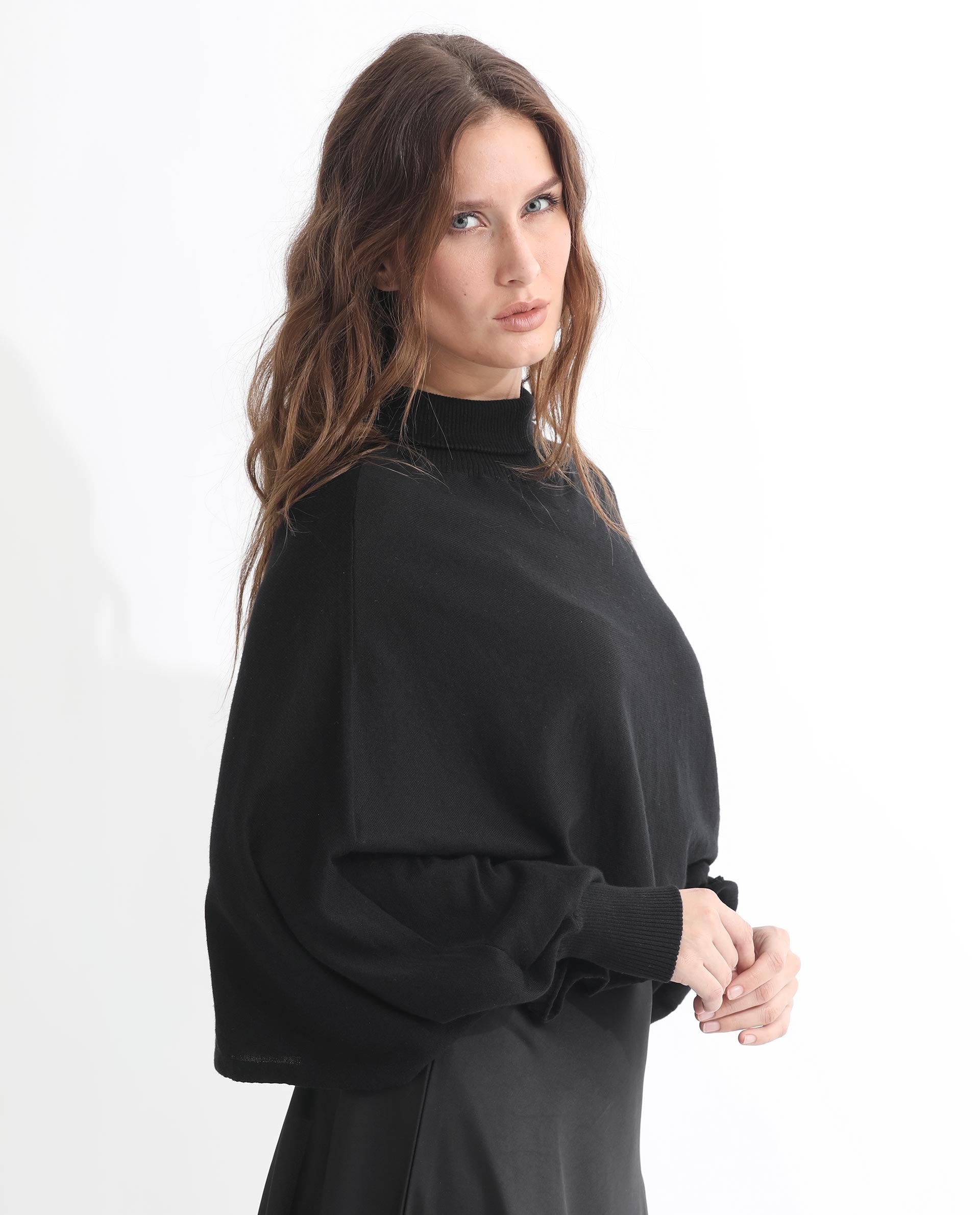 Rareism Women's Modem Black Cotton High Neck Plain Volume Sleeve Relaxed Fit Sweater