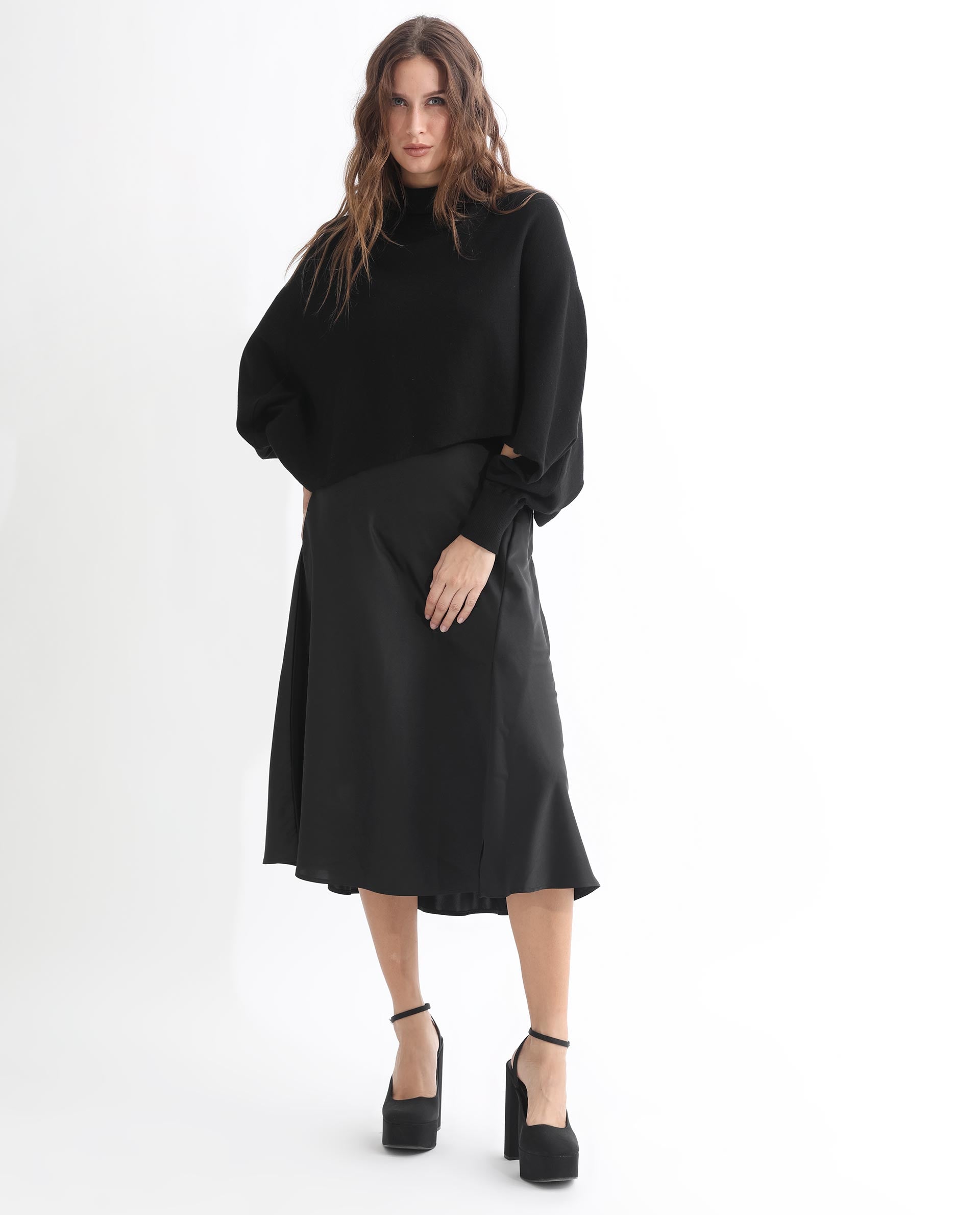 Rareism Women Modem Black Cotton Fabric Full Sleeves Regular Fit Solid High Neck Sweater