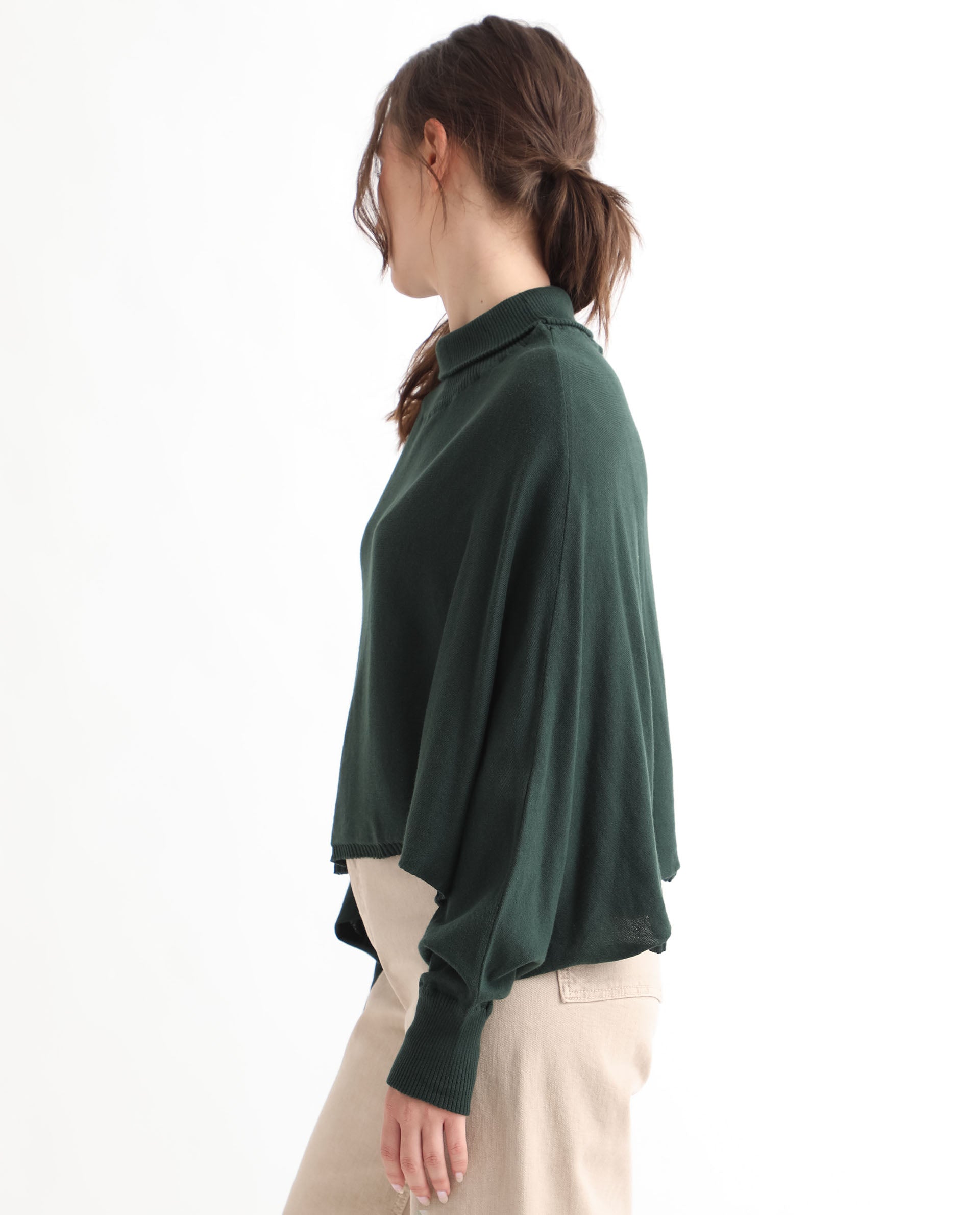 Rareism Women's Modem Green Cotton High Neck Plain Volume Sleeve Relaxed Fit Sweater