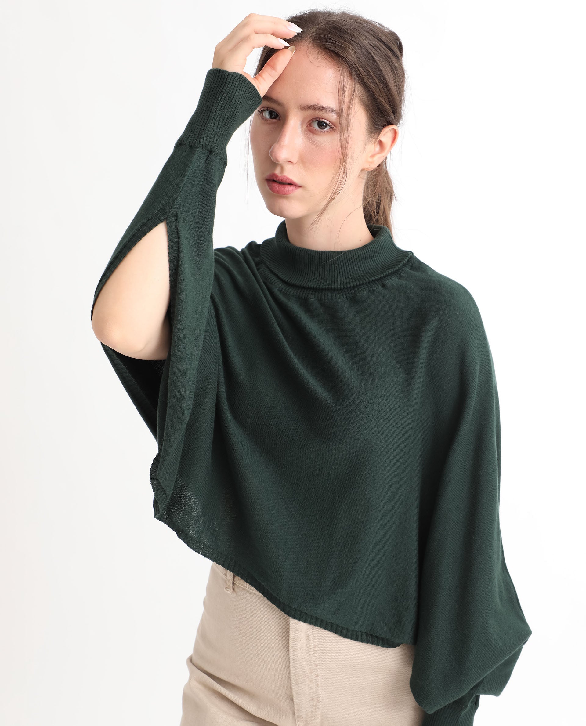 Rareism Women's Modem Green Cotton High Neck Plain Volume Sleeve Relaxed Fit Sweater