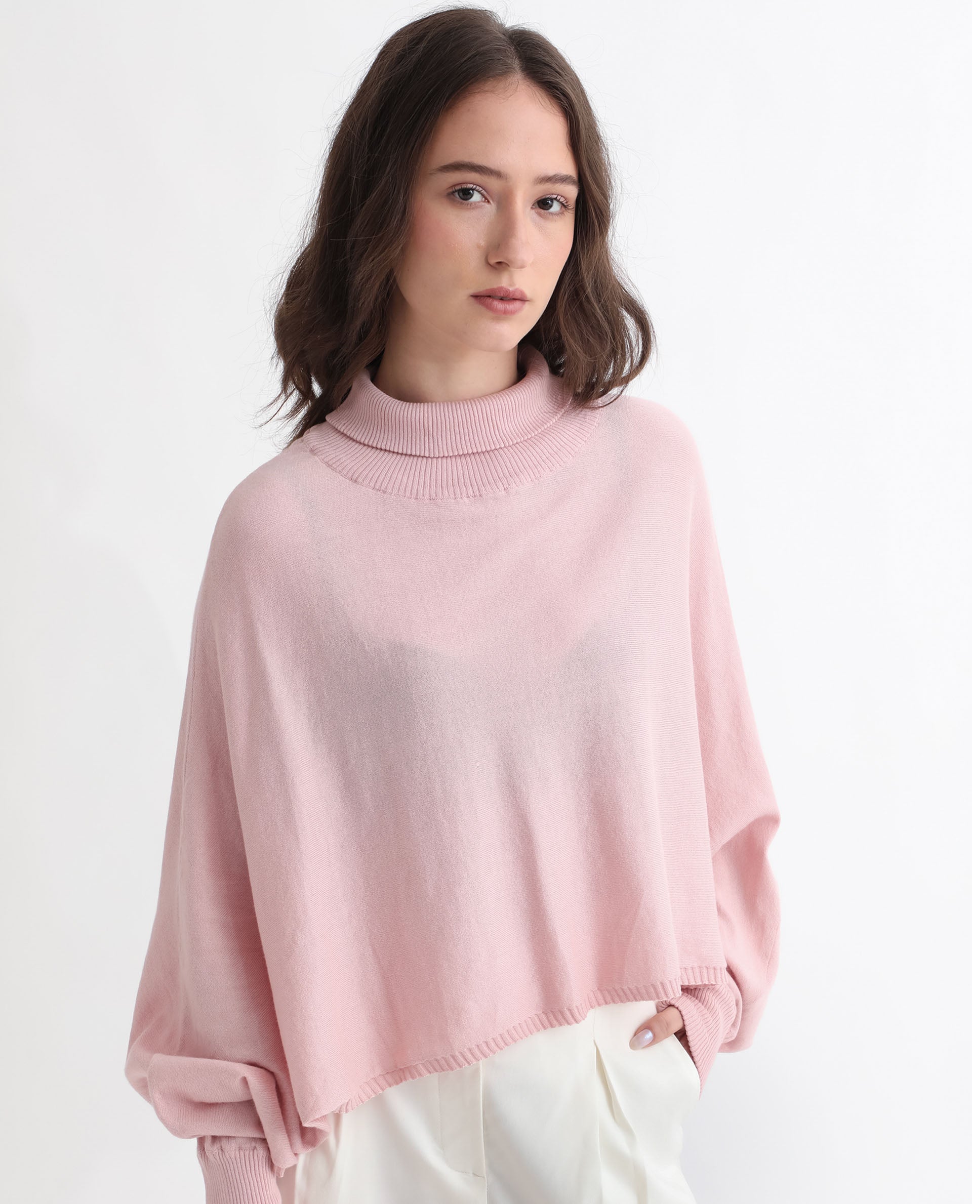 Rareism Women's Modem Pink Cotton High Neck Plain Volume Sleeve Relaxed Fit Sweater