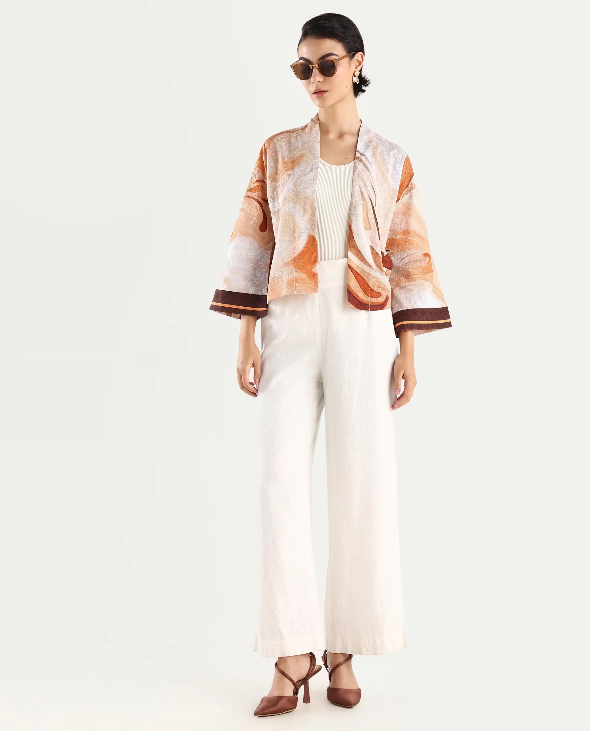 Rareism Women's Modena Light Brown Cotton Shawl Collar Abstract Print Bell Sleeve Crop Regular Fit Top