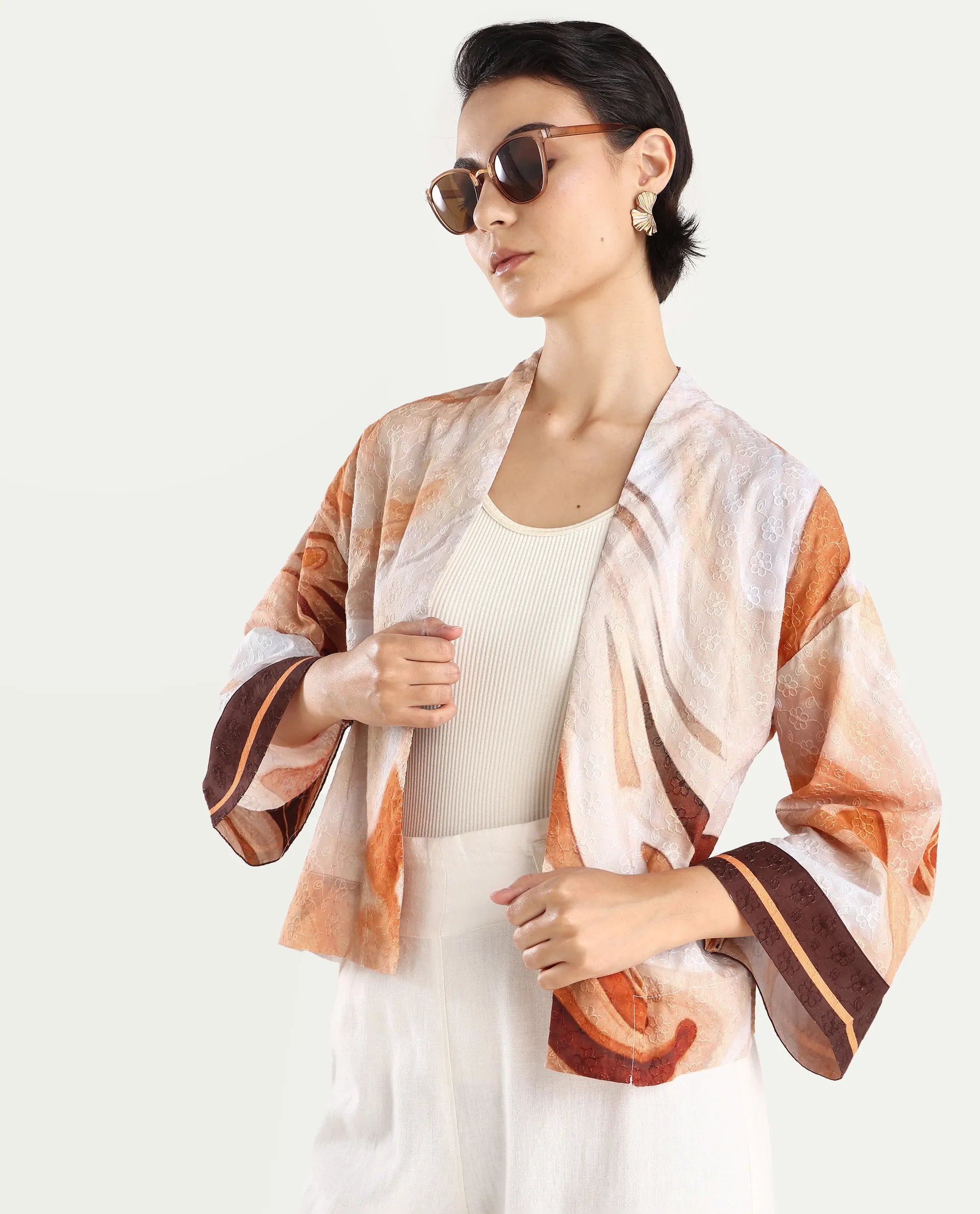 Rareism Women's Modena Light Brown Cotton Shawl Collar Abstract Print Bell Sleeve Crop Regular Fit Top