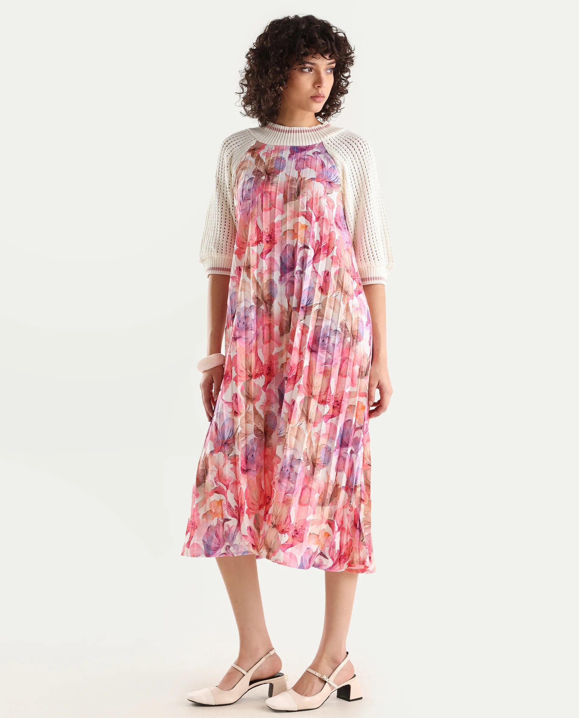 Rareism Women's Modenl Light Multi Satin Ribbed Collar Floral Print Raglan Sleeve Midi Flared Dress