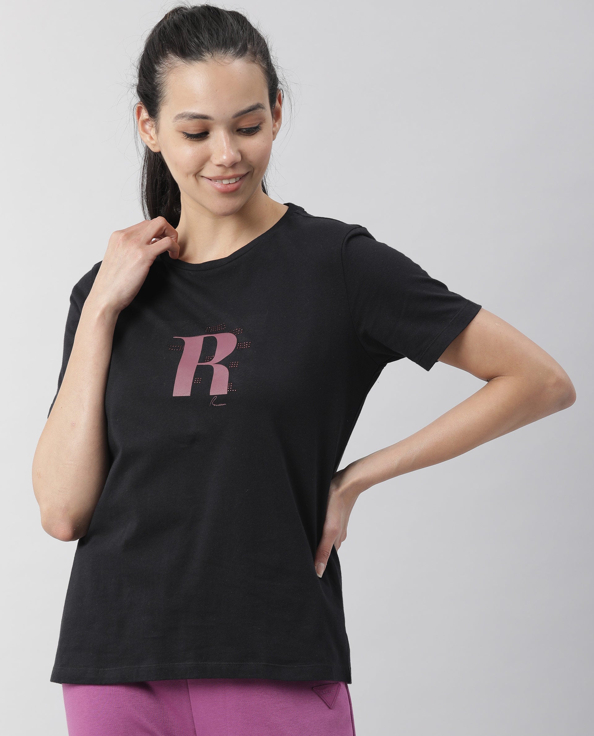 Rareism Women Moes Black Cotton Fabric Regular Fit Half Sleeves Geometric Print Round Neck T-Shirt