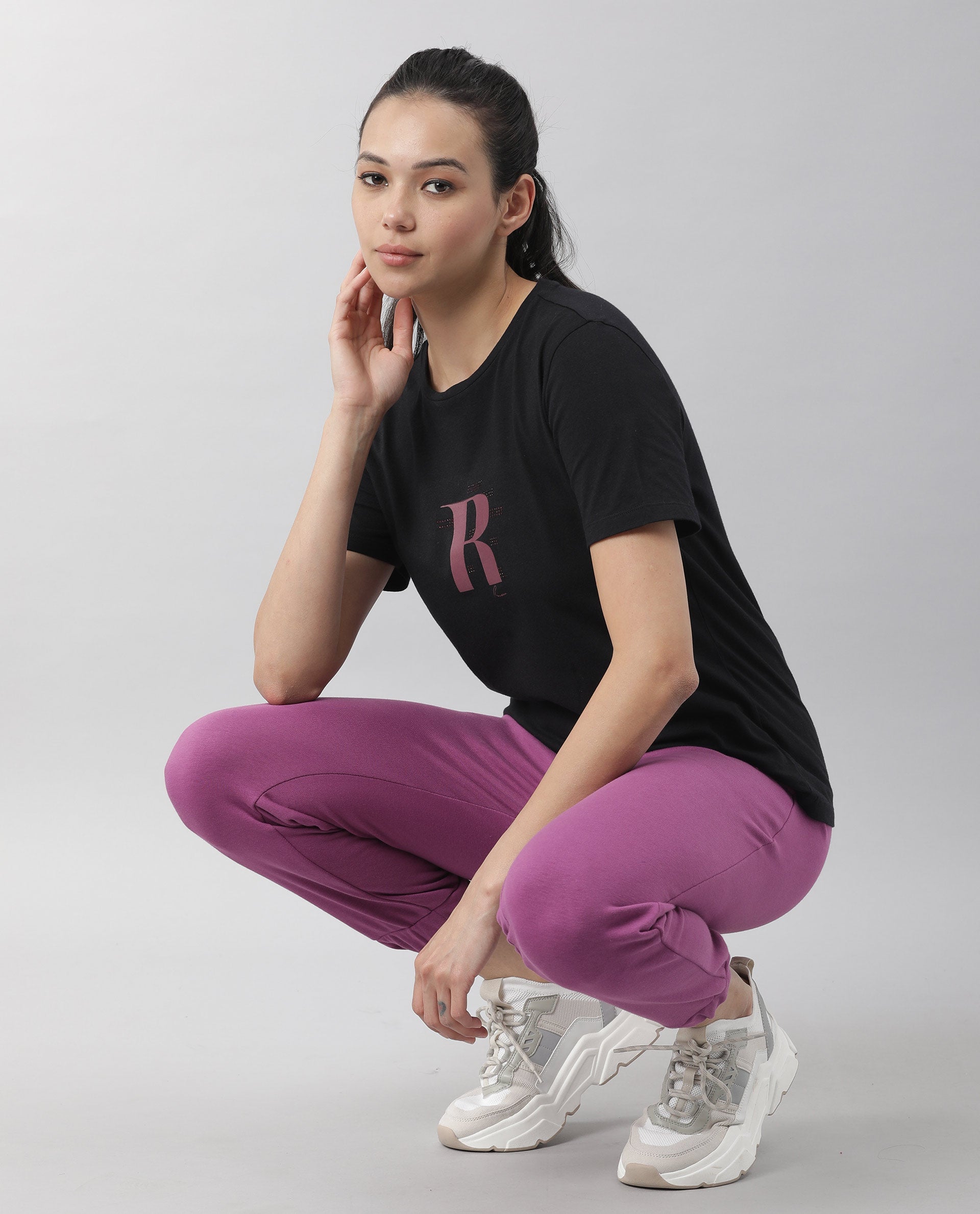 Rareism Women Moes Black Cotton Fabric Regular Fit Half Sleeves Geometric Print Round Neck T-Shirt