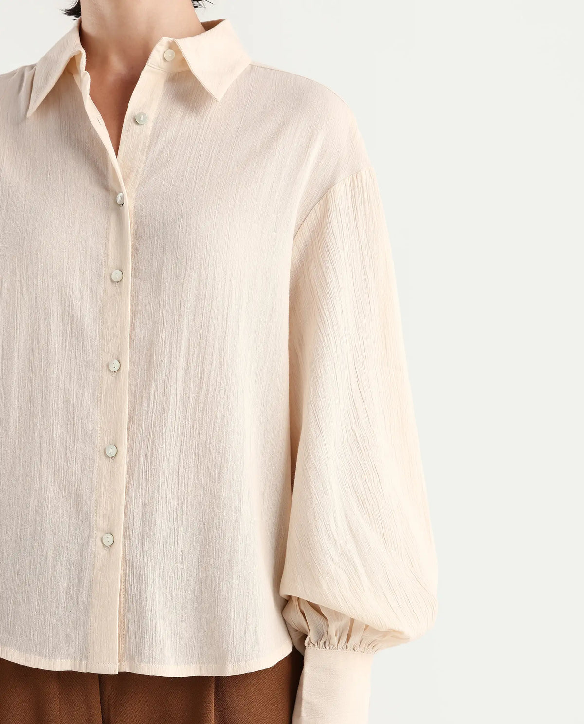Rareism Women's Molfetta Light Off White Cotton Blend Drop Collar Plain Bishop Sleeve Regular Fit Shirt