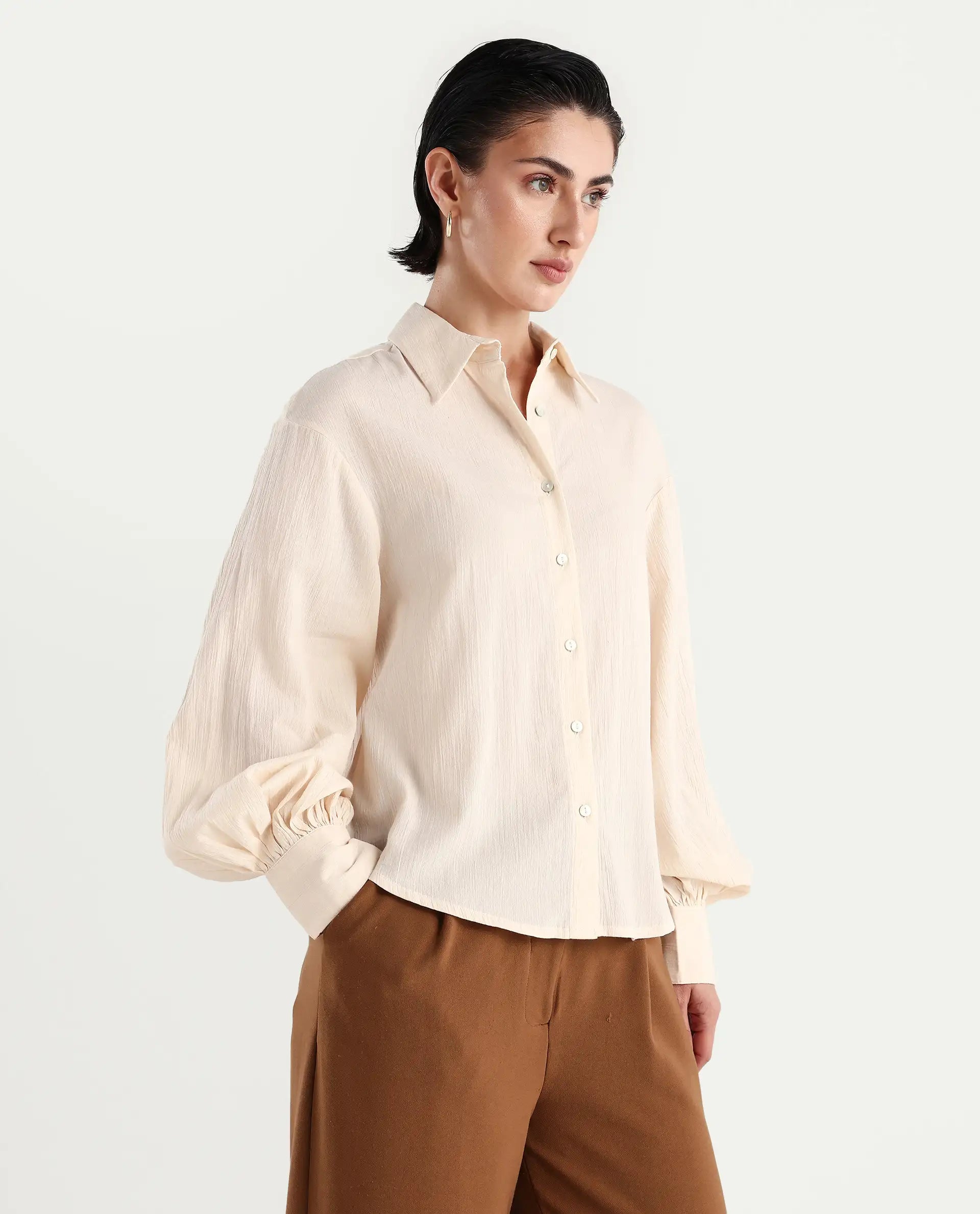 Rareism Women's Molfetta Light Off White Cotton Blend Drop Collar Plain Bishop Sleeve Regular Fit Shirt