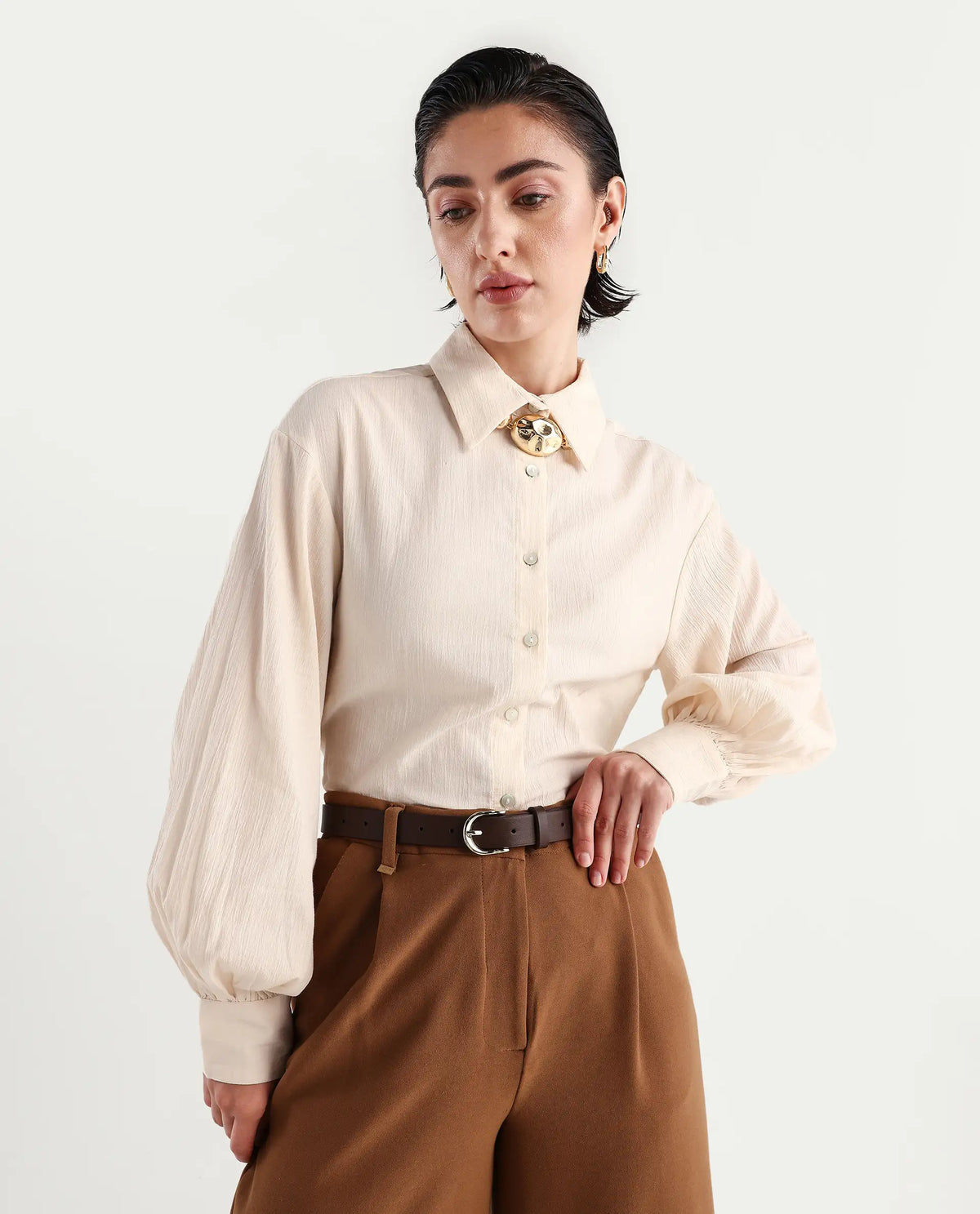 Rareism Women's Molfetta Light Off White Cotton Blend Drop Collar Plain Bishop Sleeve Regular Fit Shirt