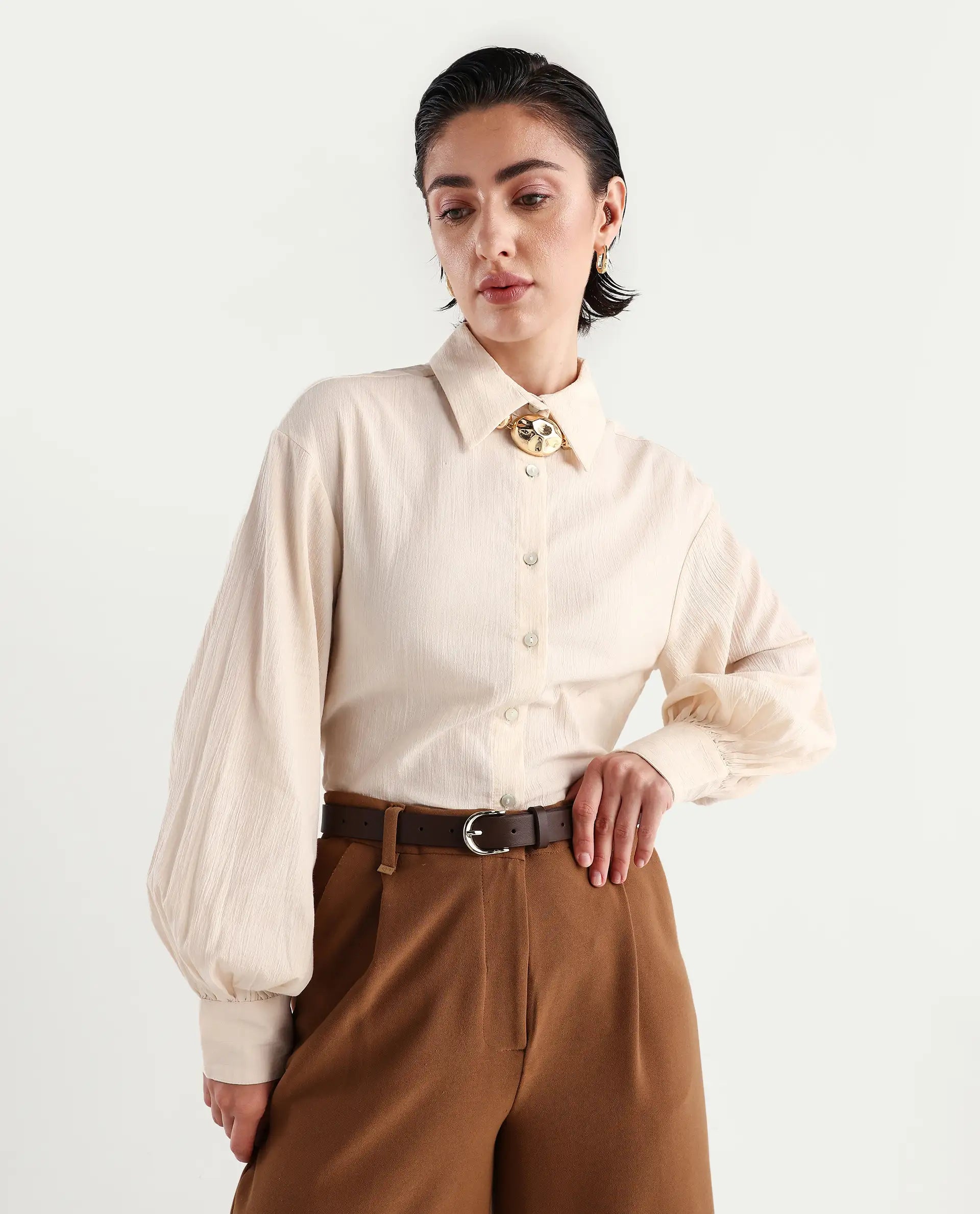 Rareism Women's Molfetta Light Off White Cotton Blend Drop Collar Plain Bishop Sleeve Regular Fit Shirt