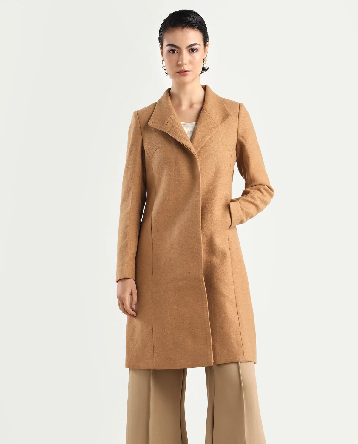 Rareism Women's Monch Beige Overlap Neck Plain Midi Boxy Fit Coat