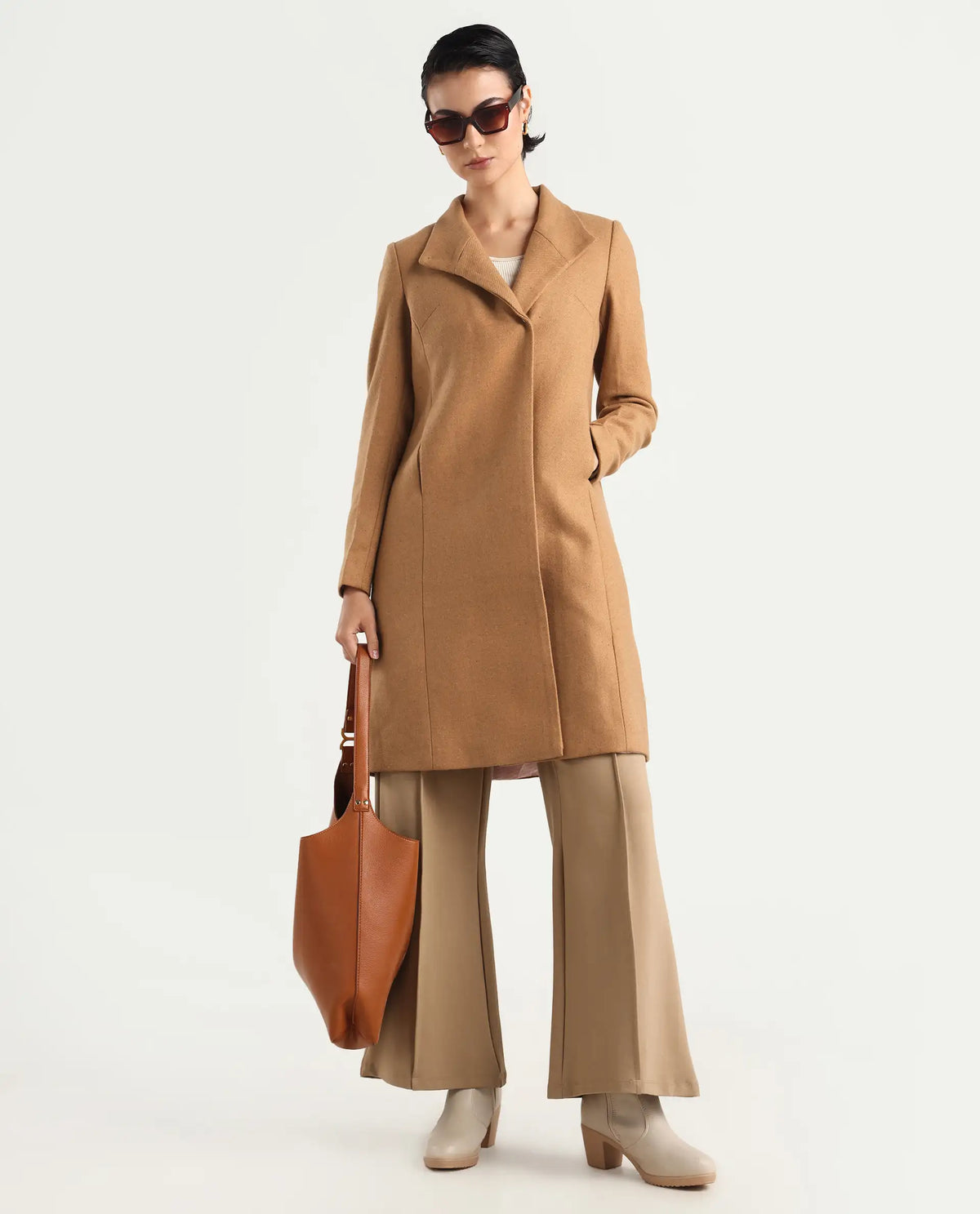 Rareism Women's Monch Beige Overlap Neck Plain Midi Boxy Fit Coat
