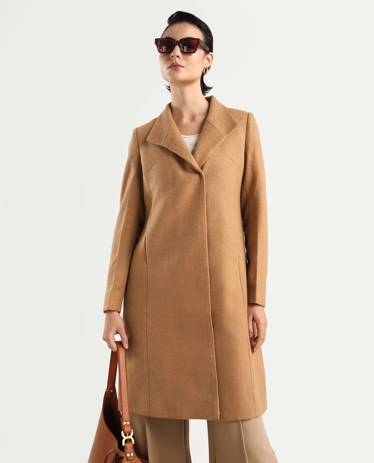 Rareism Women's Monch Beige Overlap Neck Plain Midi Boxy Fit Coat