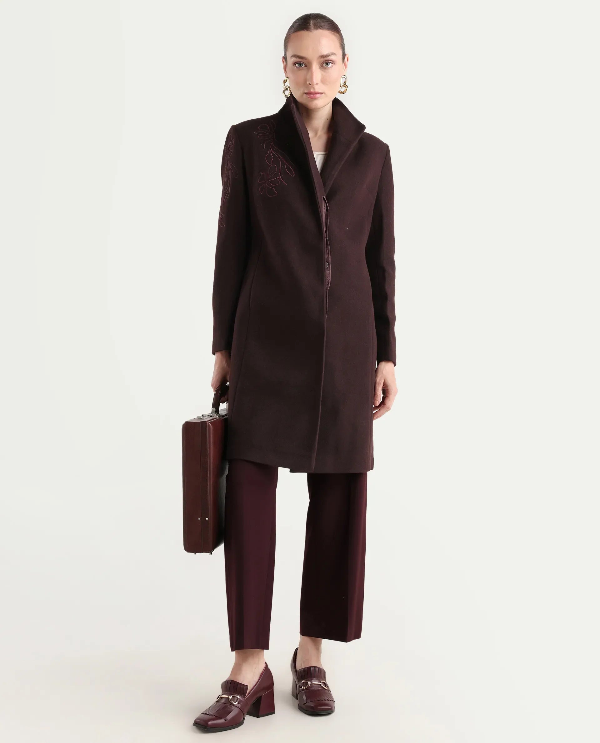 Rareism Women's Monchy Prune Polyester Blend High Neck Regular Fit Coat