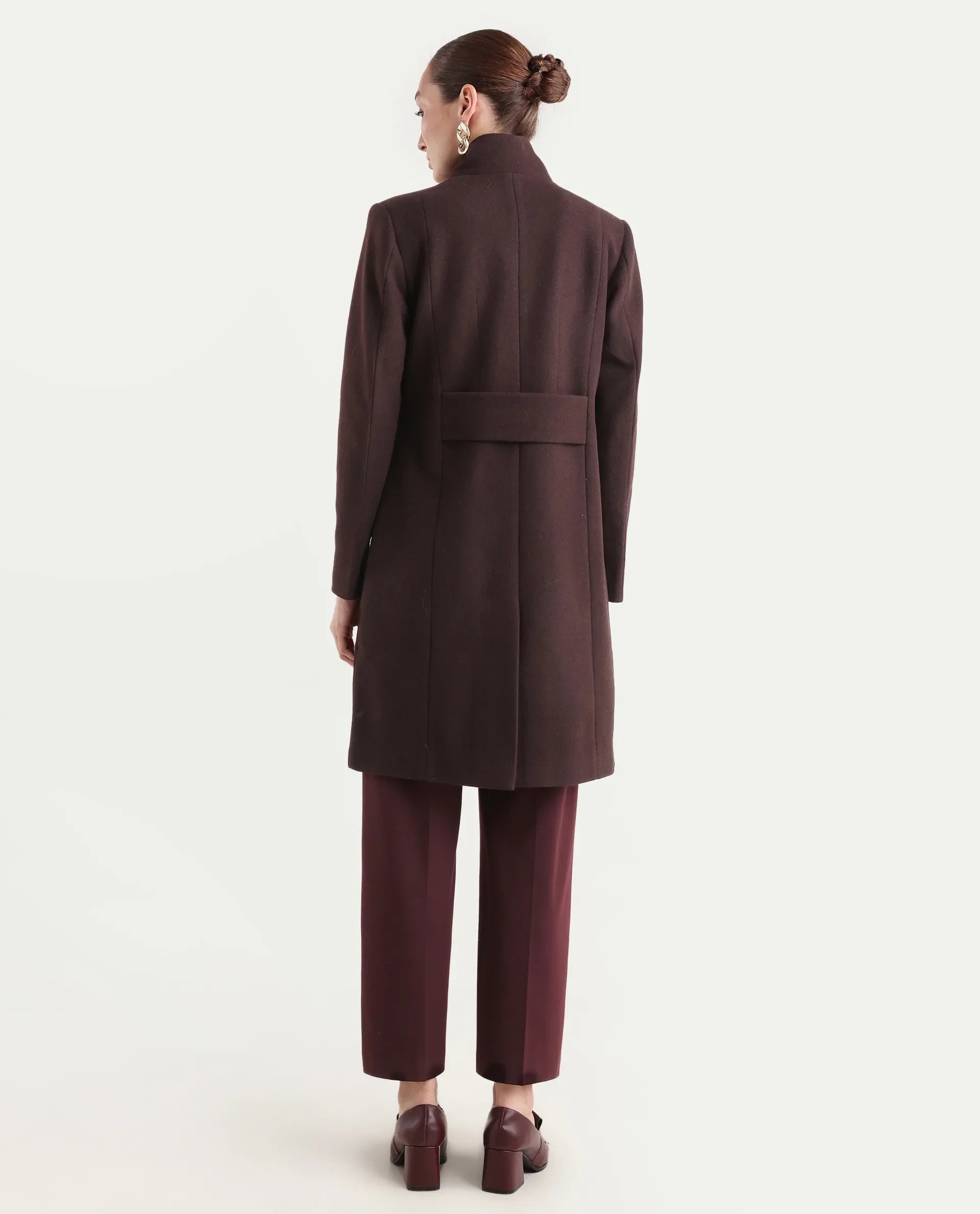 Rareism Women's Monchy Prune Polyester Blend High Neck Regular Fit Coat