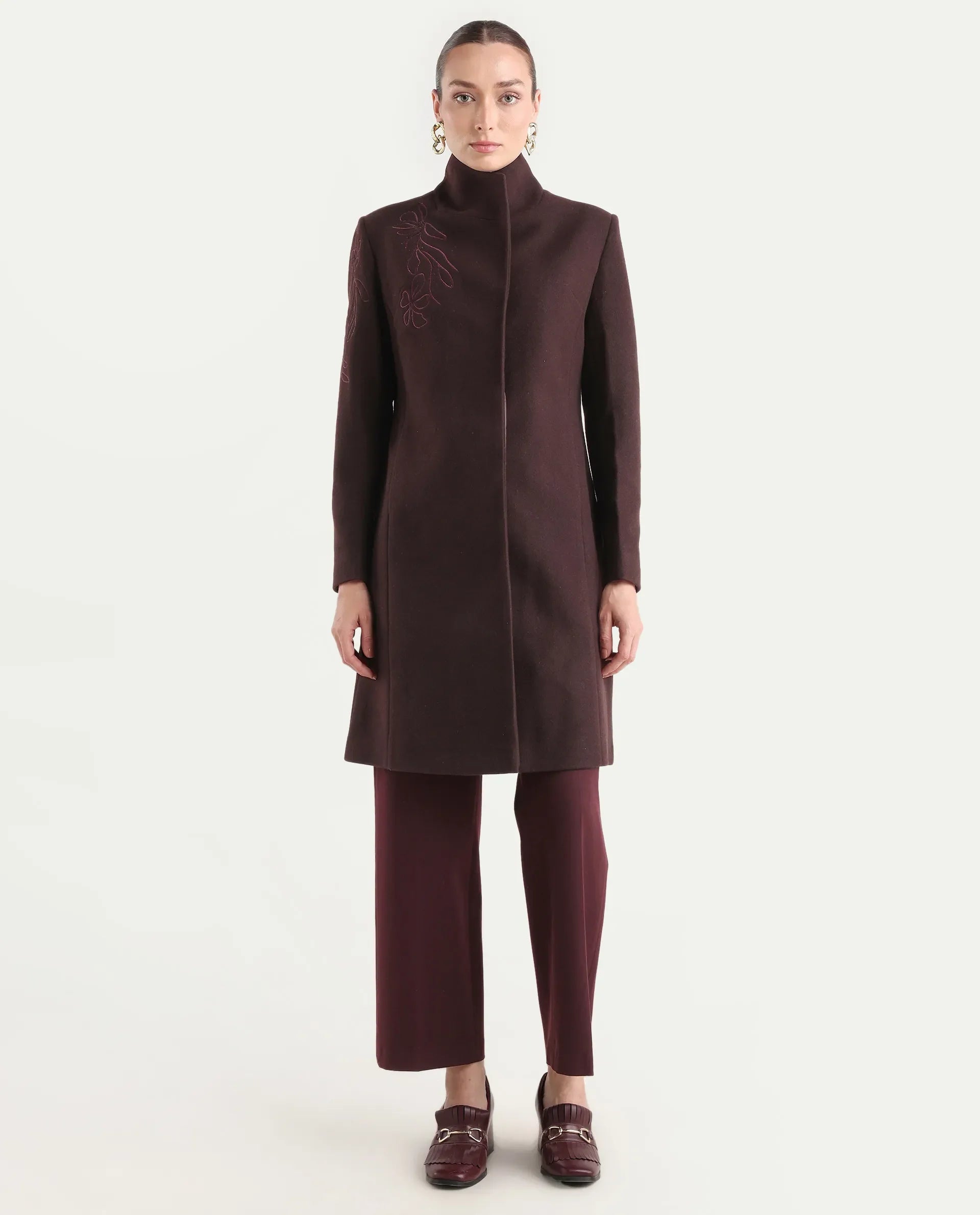Rareism Women's Monchy Prune Polyester Blend High Neck Regular Fit Coat