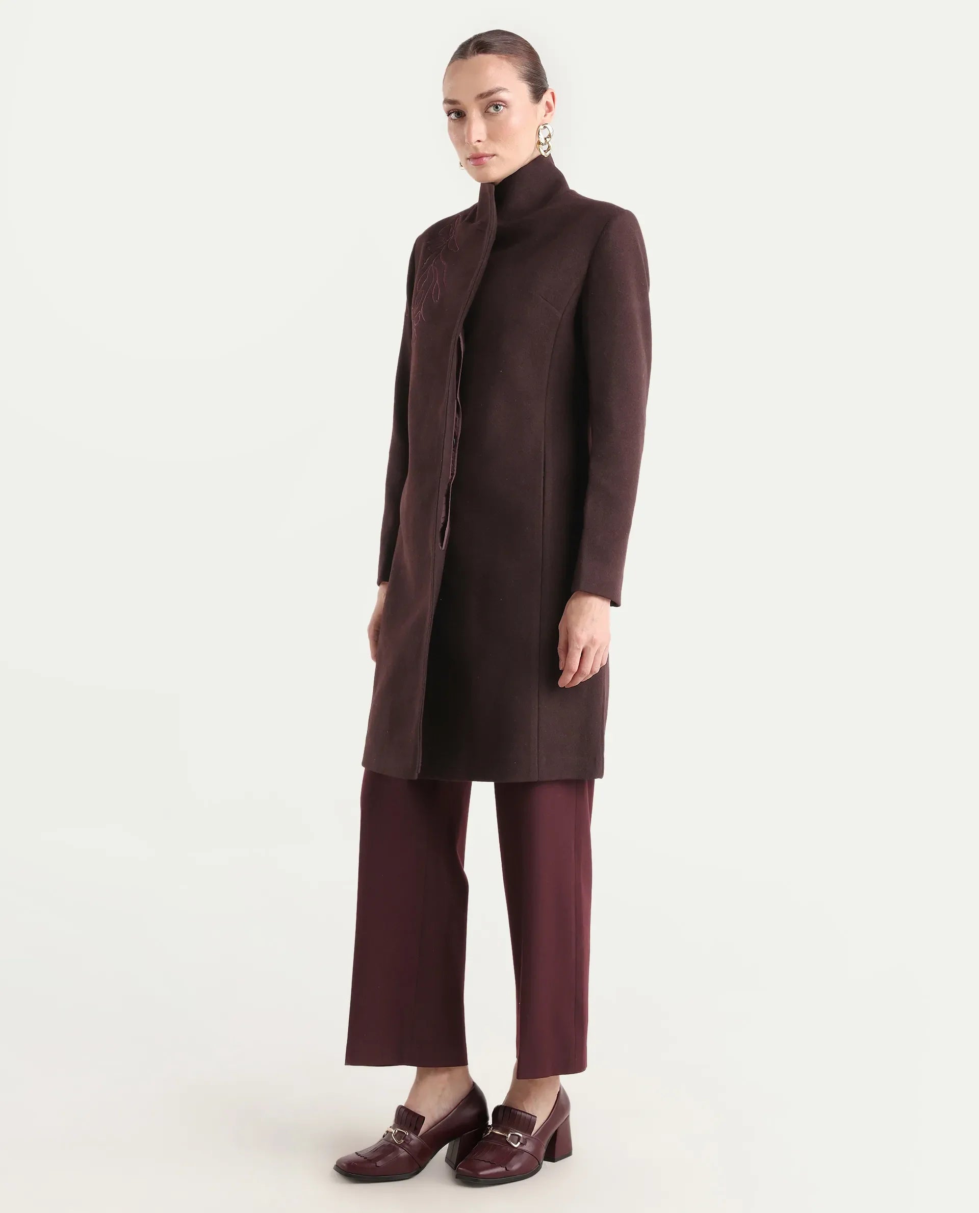 Rareism Women's Monchy Prune Polyester Blend High Neck Regular Fit Coat