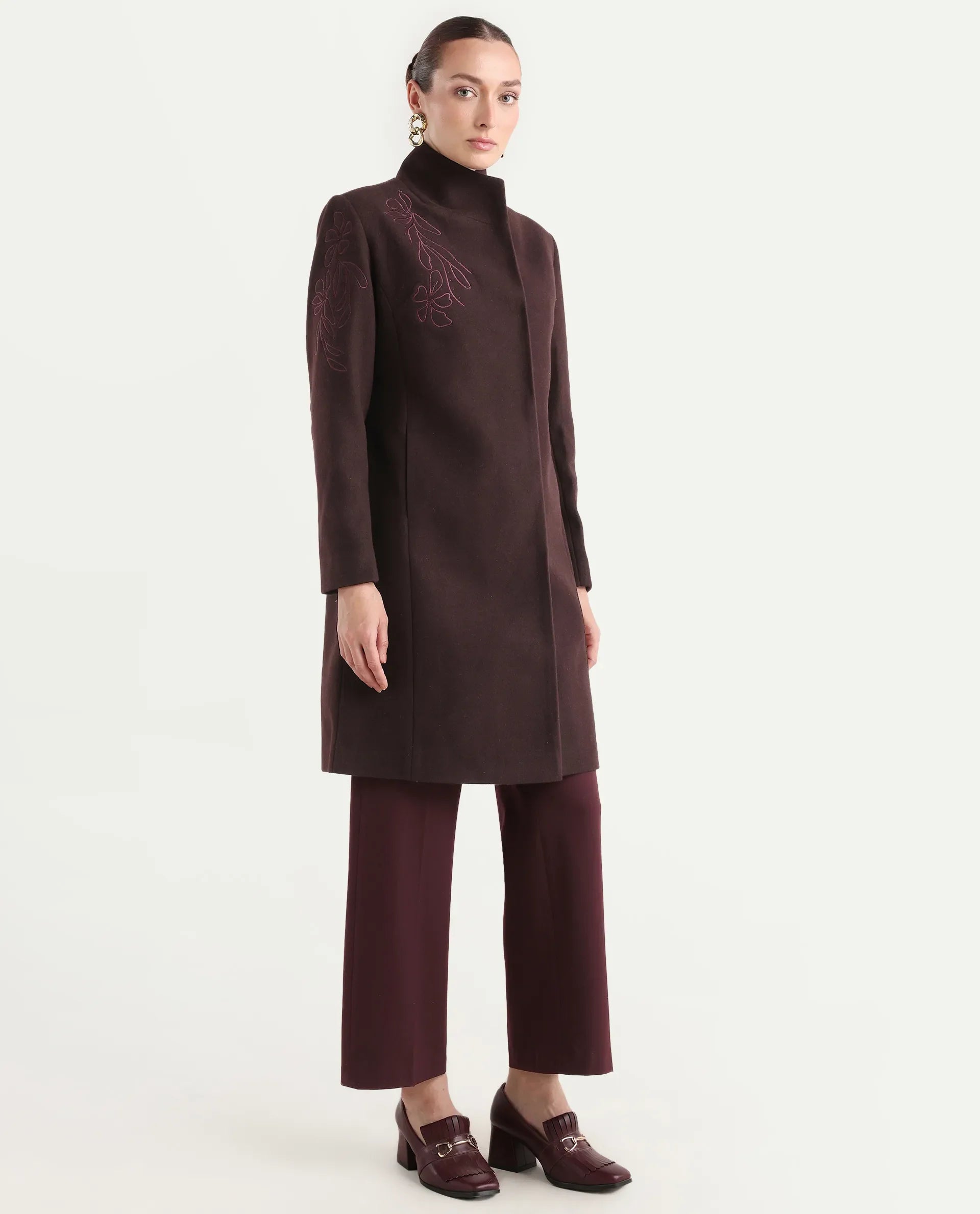 Rareism Women's Monchy Prune Polyester Blend High Neck Regular Fit Coat