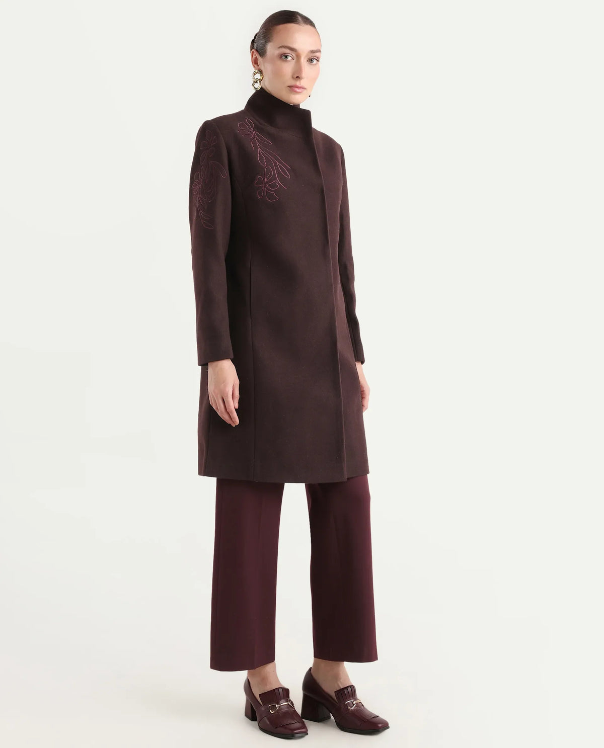 Rareism Women's Monchy Prune Polyester Blend High Neck Regular Fit Coat