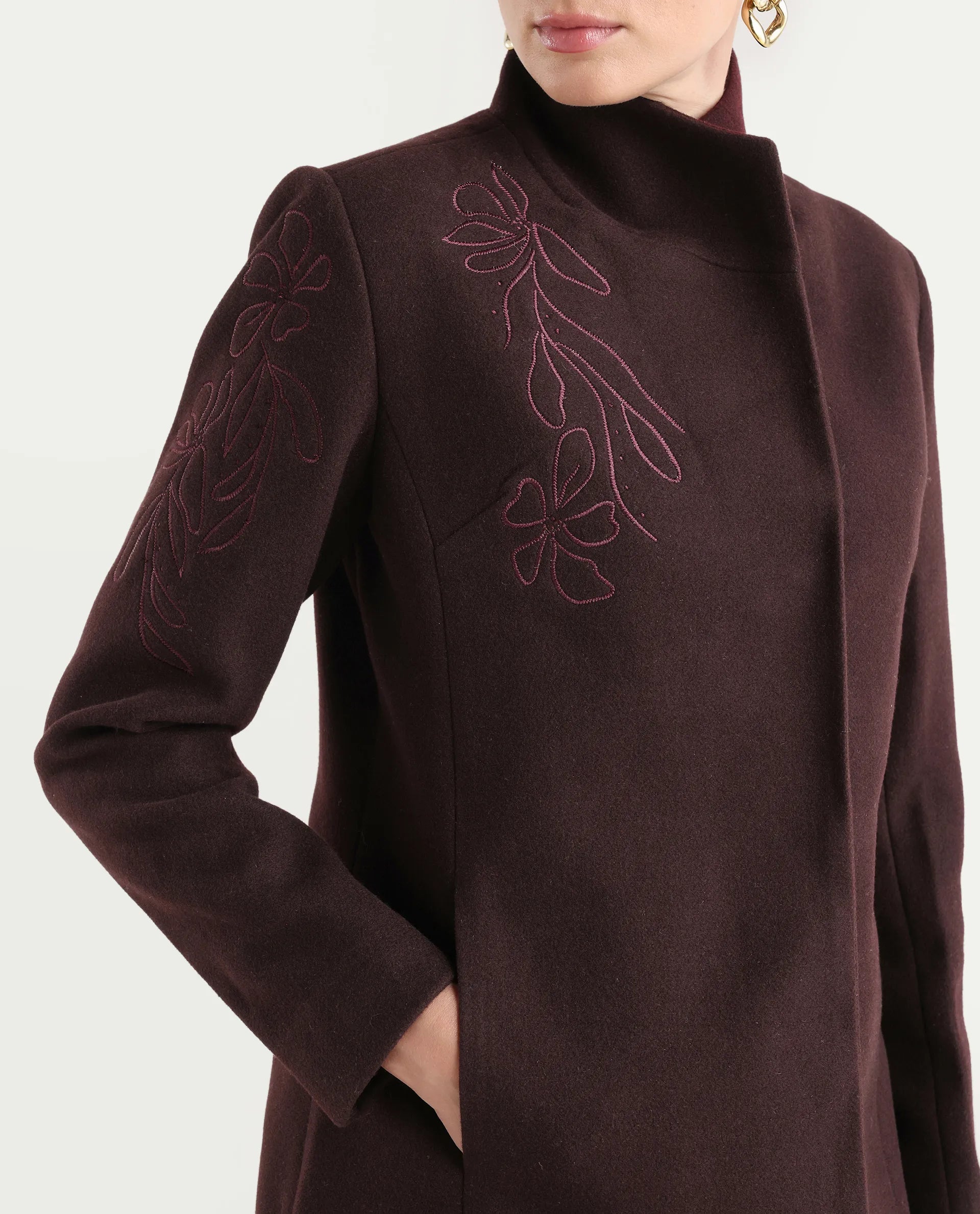 Rareism Women's Monchy Prune Polyester Blend High Neck Regular Fit Coat