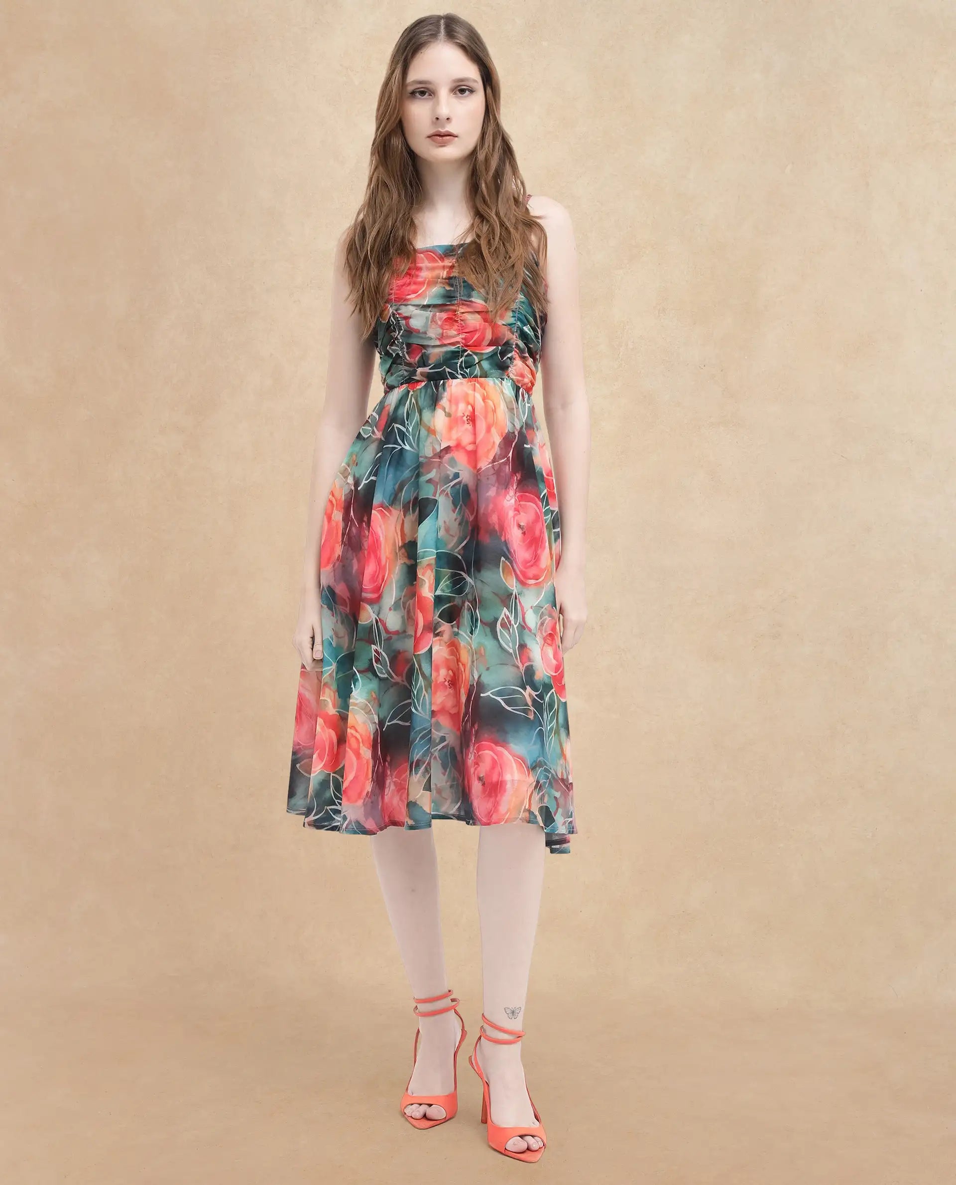 Rareism Women's Monza Sc Dark Multi Cotton Shoulder Strap Floral Print Shoulder Strap Midi Fit And Flare Dress