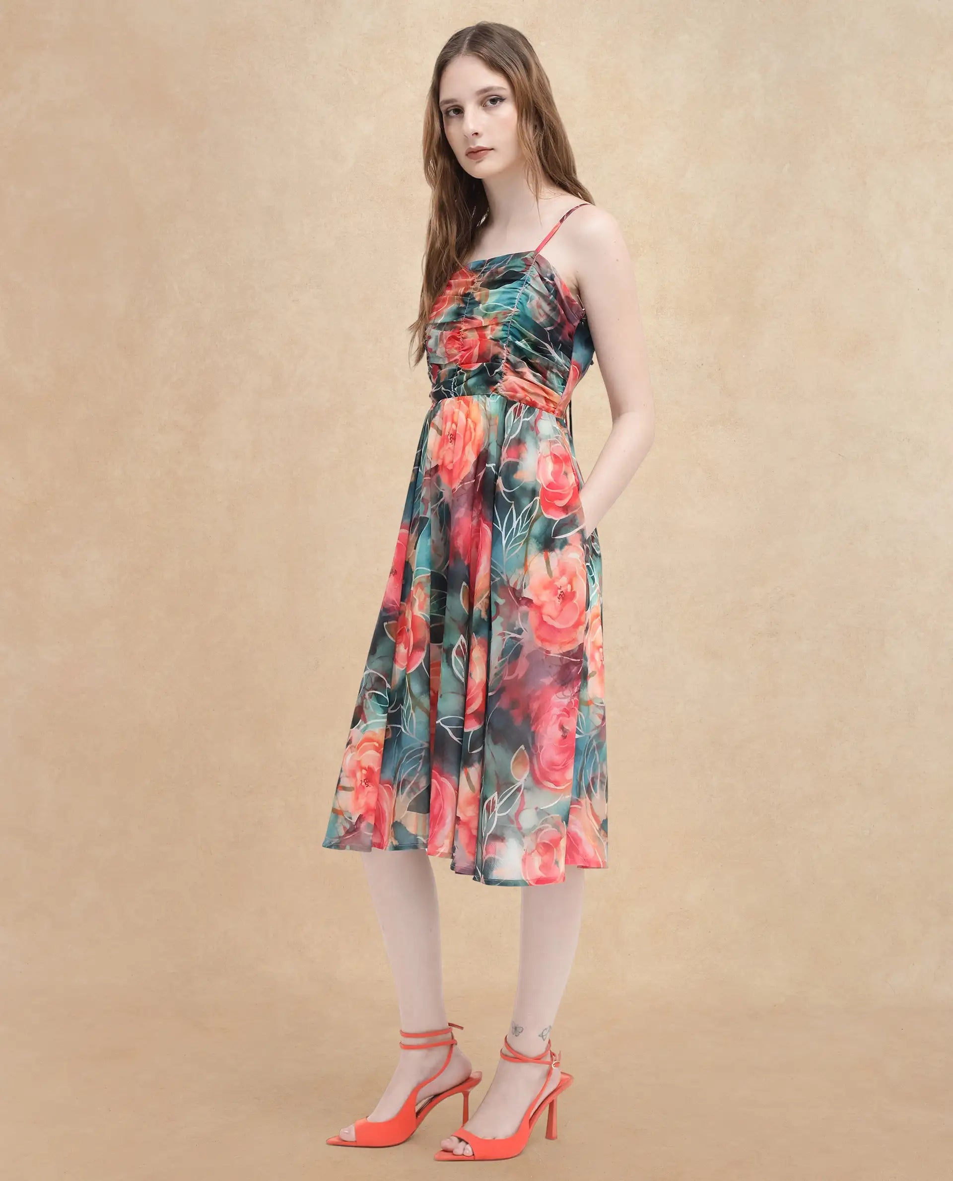 Rareism Women's Monza Sc Dark Multi Cotton Shoulder Strap Floral Print Shoulder Strap Midi Fit And Flare Dress
