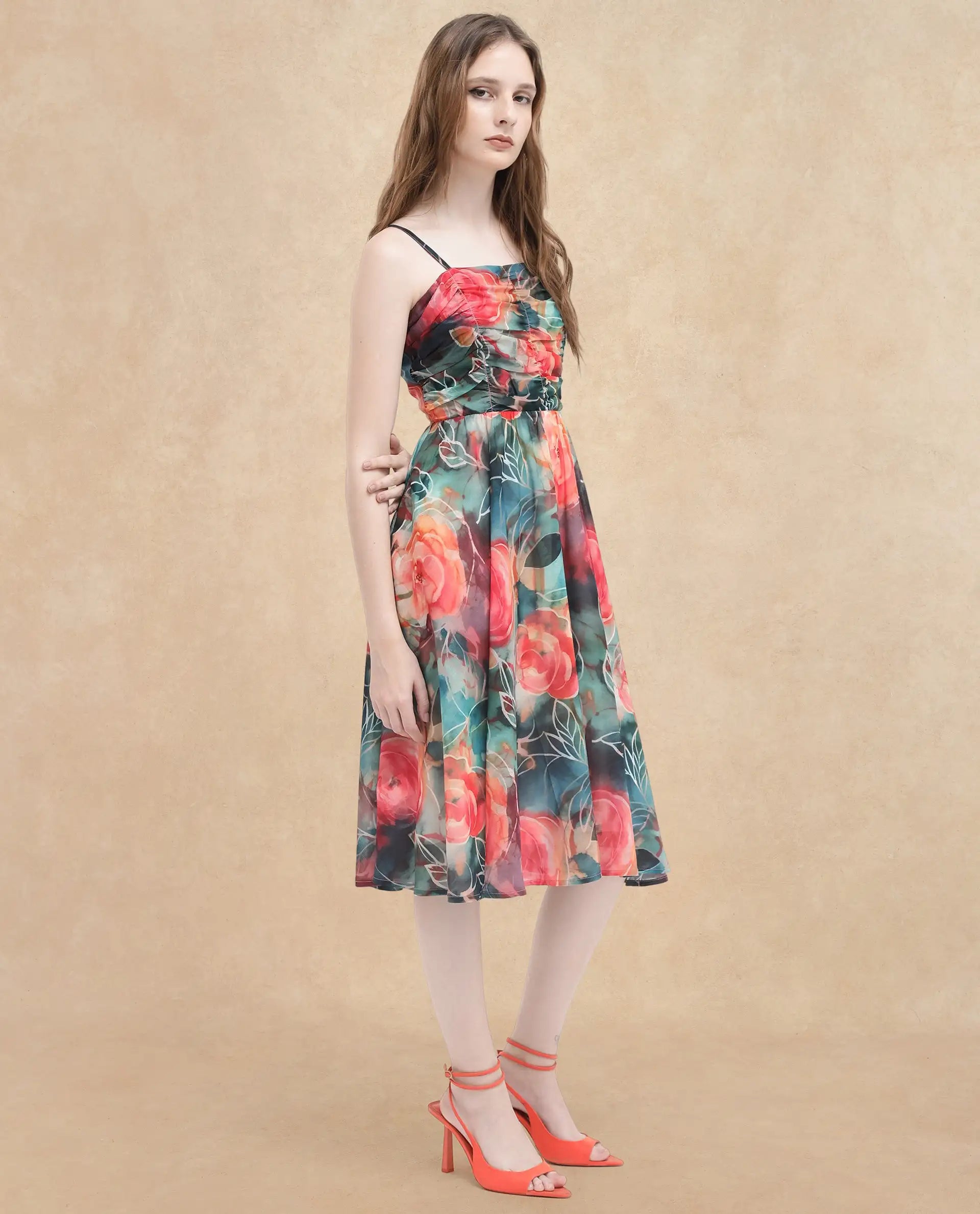 Rareism Women's Monza Sc Dark Multi Cotton Shoulder Strap Floral Print Shoulder Strap Midi Fit And Flare Dress
