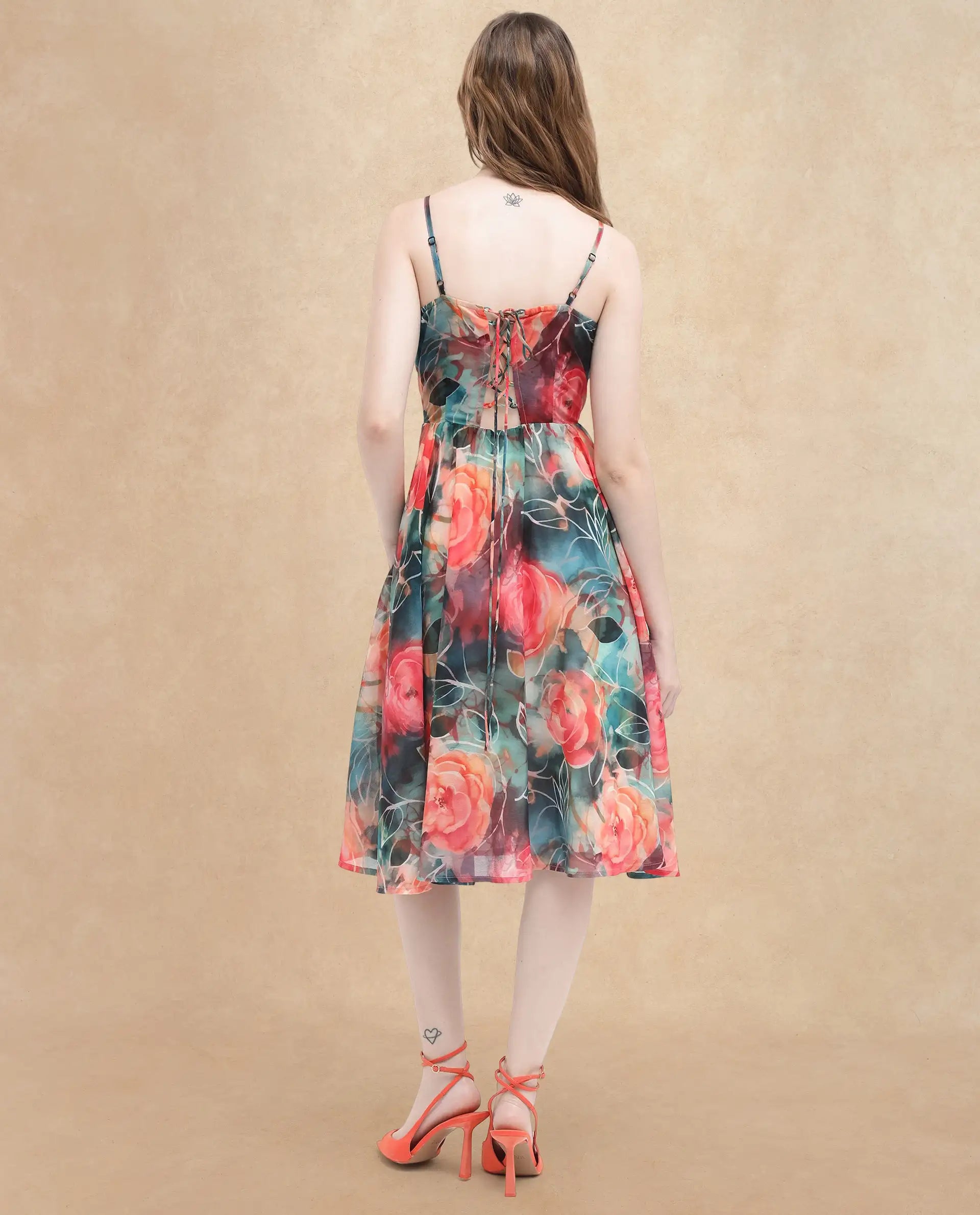 Rareism Women's Monza Dark Multi Polyester Shoulder Strap Floral Print Shoulder Strap Midi Fit And Flare Dress