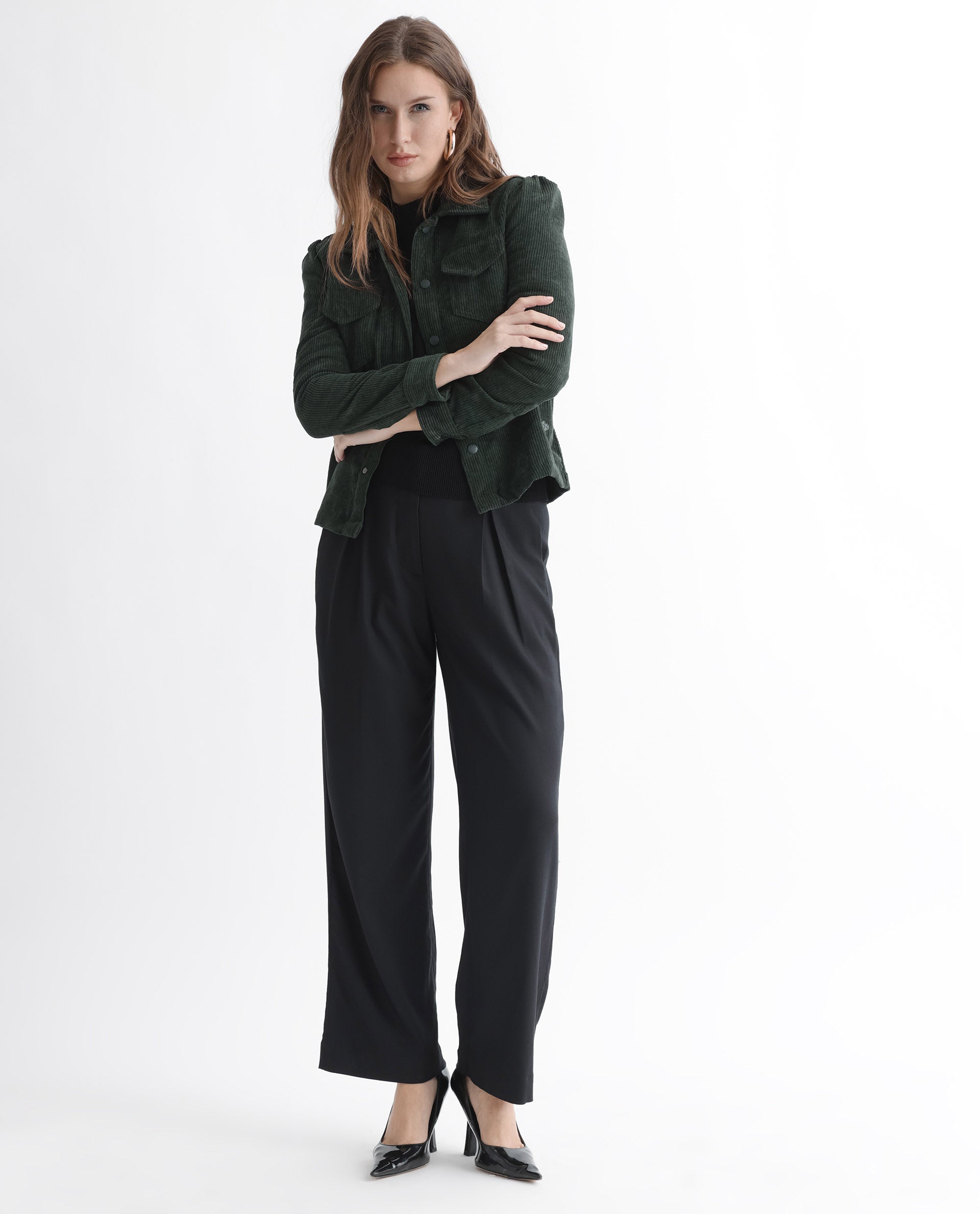 Rareism Women Mooney Green Polyester Fabric Full Sleeves Solid Shirt Collar Jacket