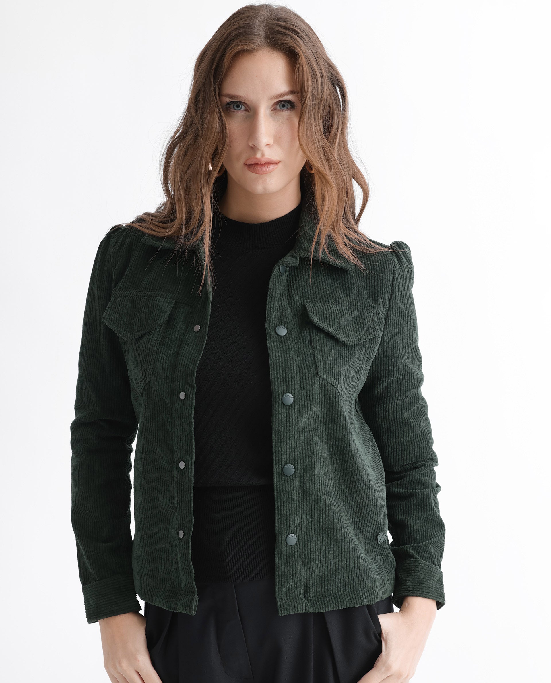 Rareism Women Mooney Green Polyester Fabric Full Sleeves Solid Shirt Collar Jacket