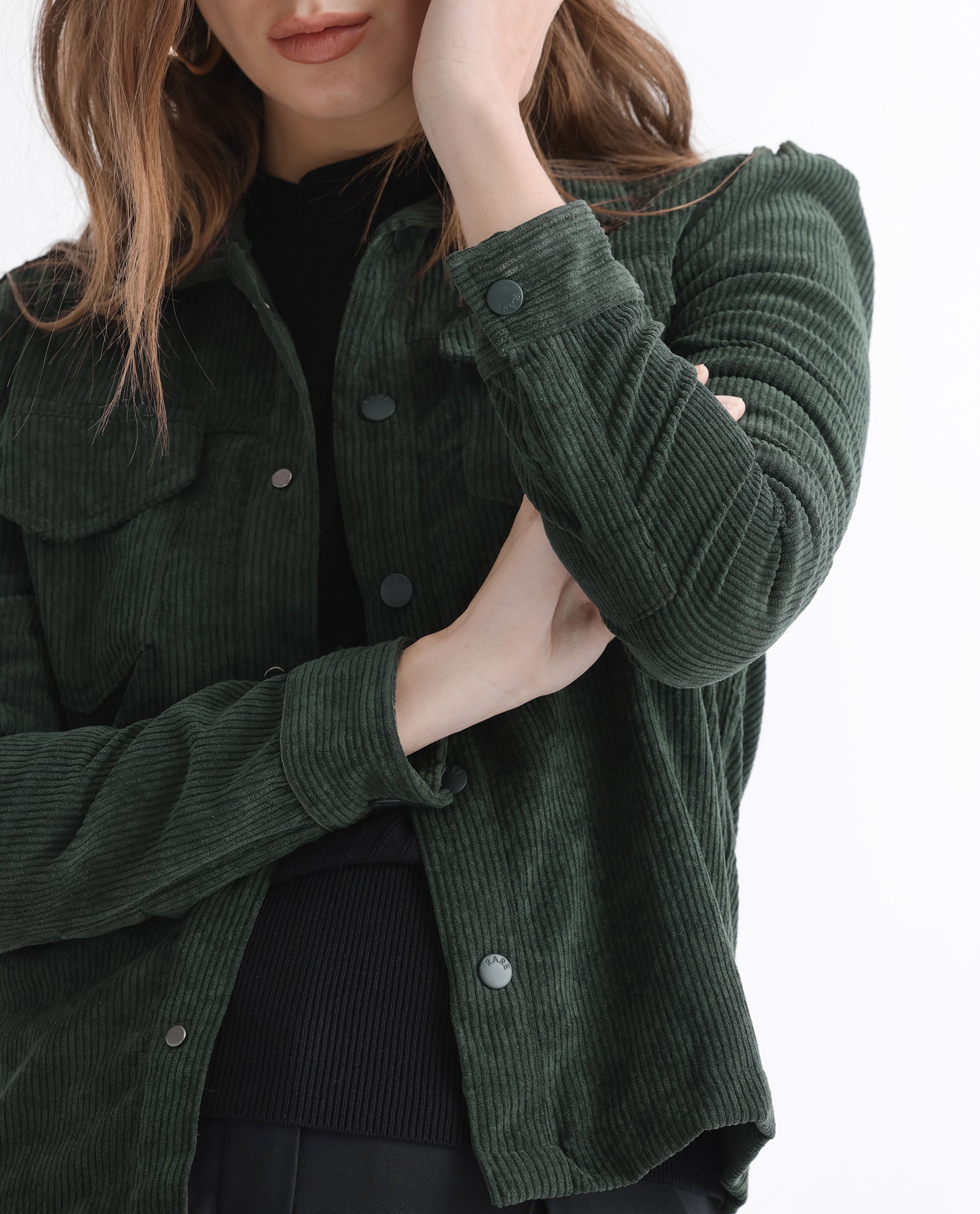 Rareism Women Mooney Green Polyester Fabric Full Sleeves Solid Shirt Collar Jacket