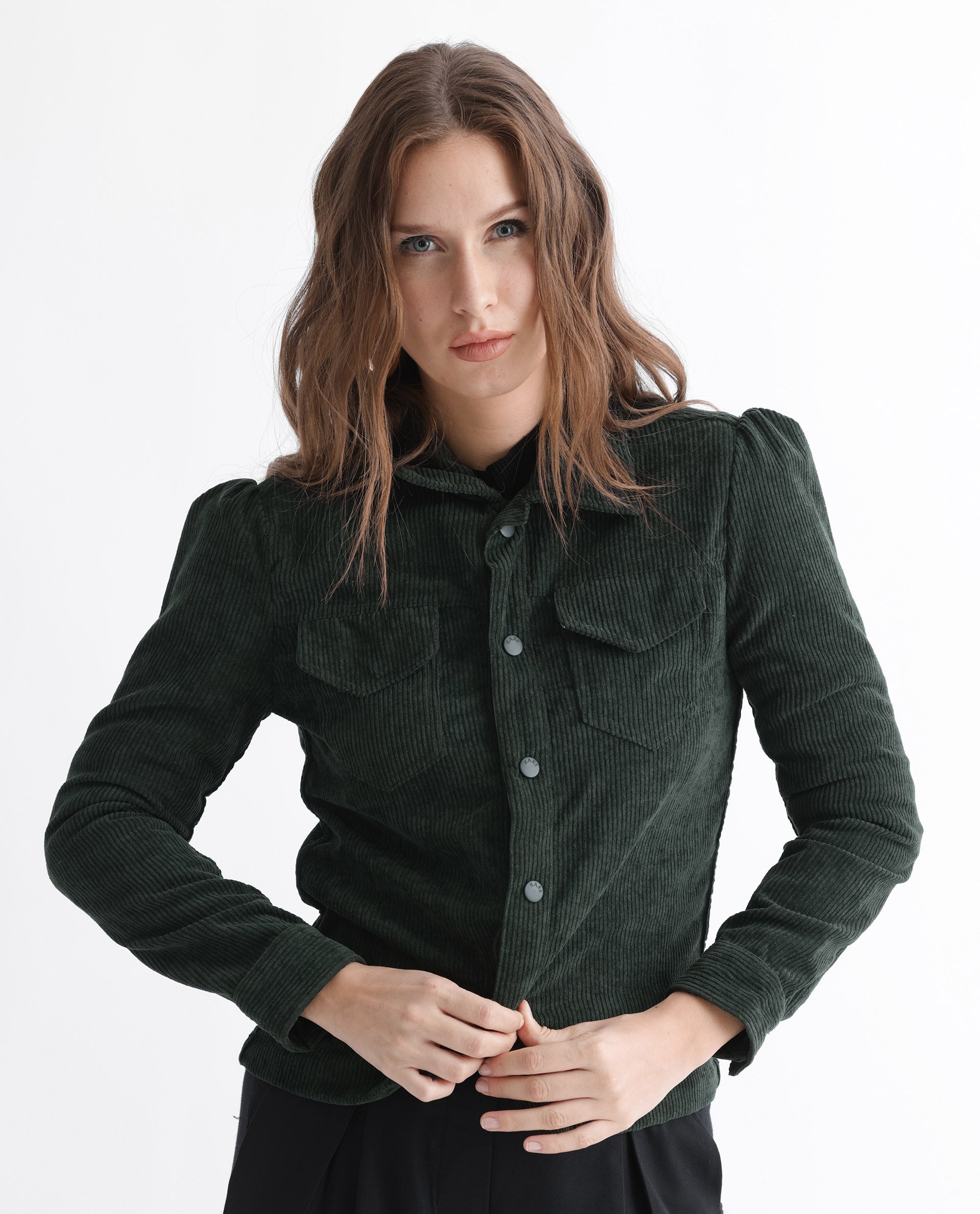 Rareism Women Mooney Green Polyester Fabric Full Sleeves Solid Shirt Collar Jacket